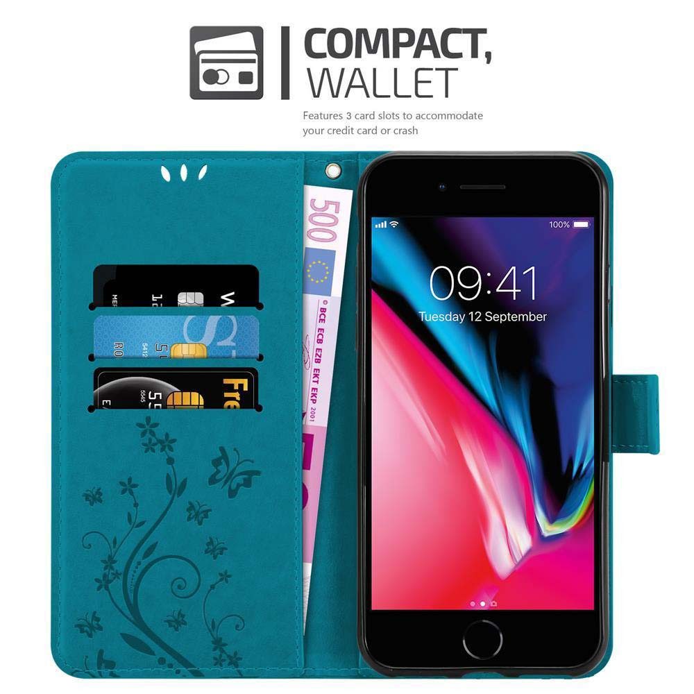 Cadorabo Handyhülle für iPhone 7 / 7S / 8 / SE 2020 Hülle Apple iPhone 7 / 7S / 8 / SE 2020, Hülle Schutzhülle Blumen Flower mit Standfunktion Kartenfach Magnet