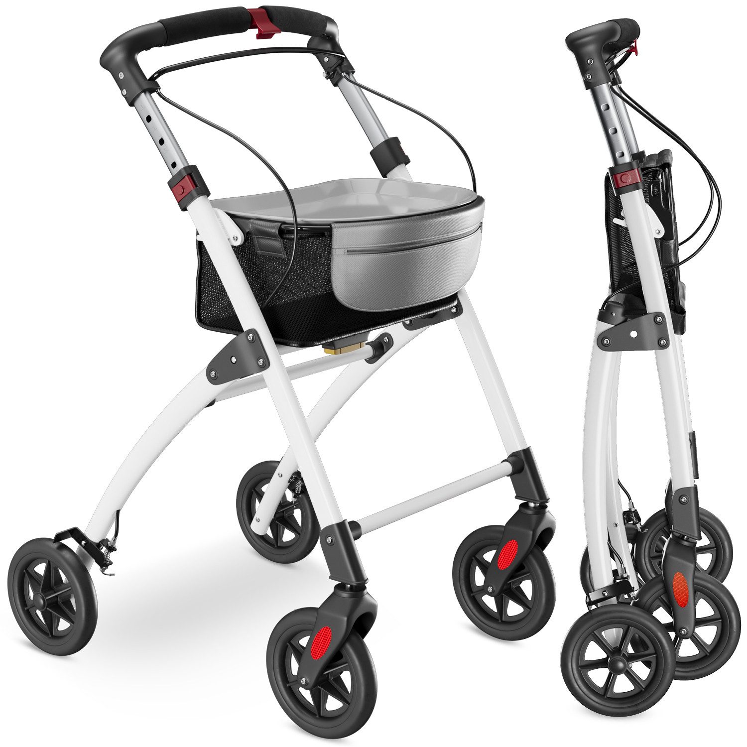 ELONEO Indoor-Rollator Wohnungsrollator inkl. Tablett & Korb für Zuhause, klappbare Gehhilfe, Einhand-Falt-mechanismus, geringes Faltmaß, maximale Sichtbarkeit