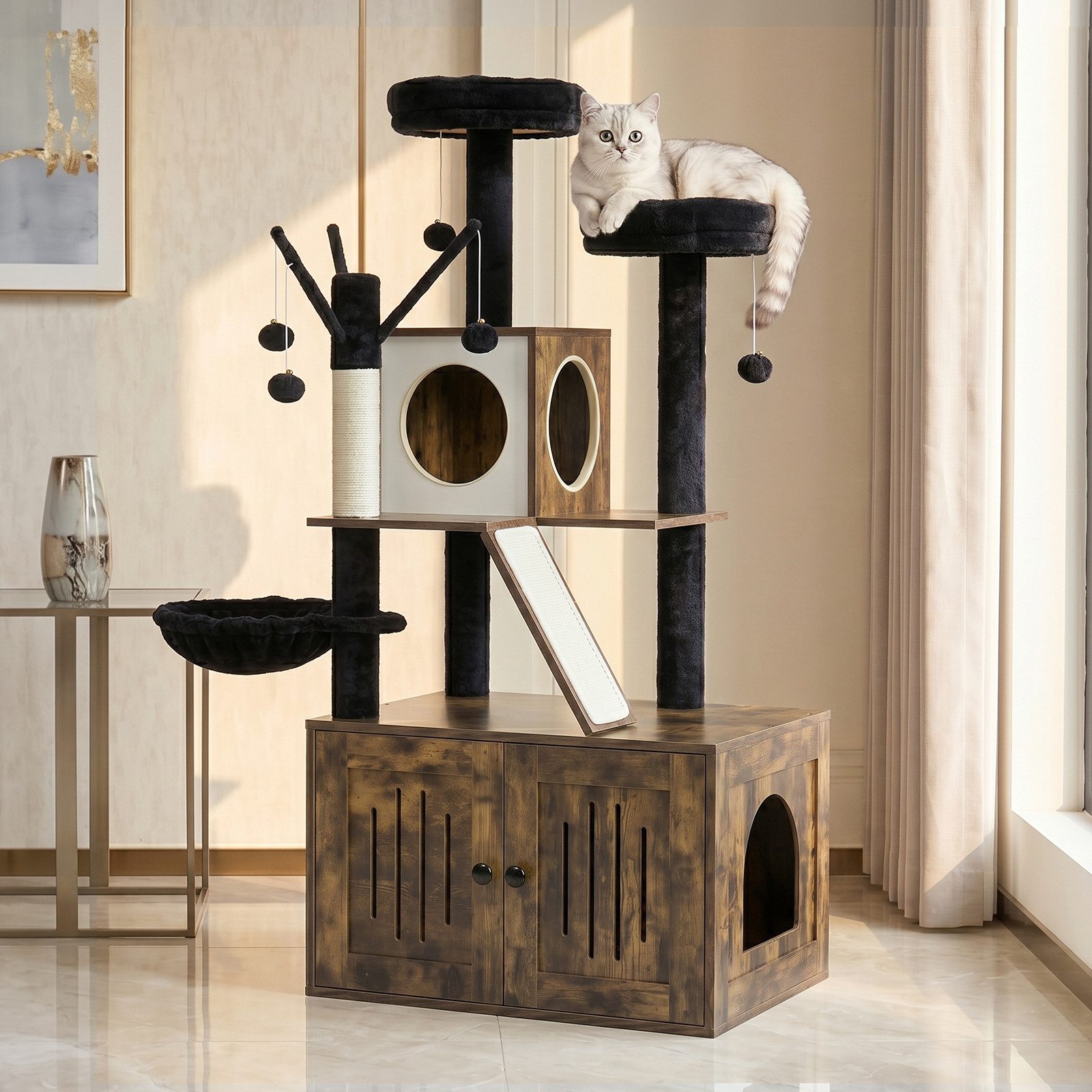 LALAHO Kratzbaum mit Katzenklo Schrank, 134,5 cm hoch, mit Liegemulde, Kratz Stämmen, Plüschbälle von LALAHO