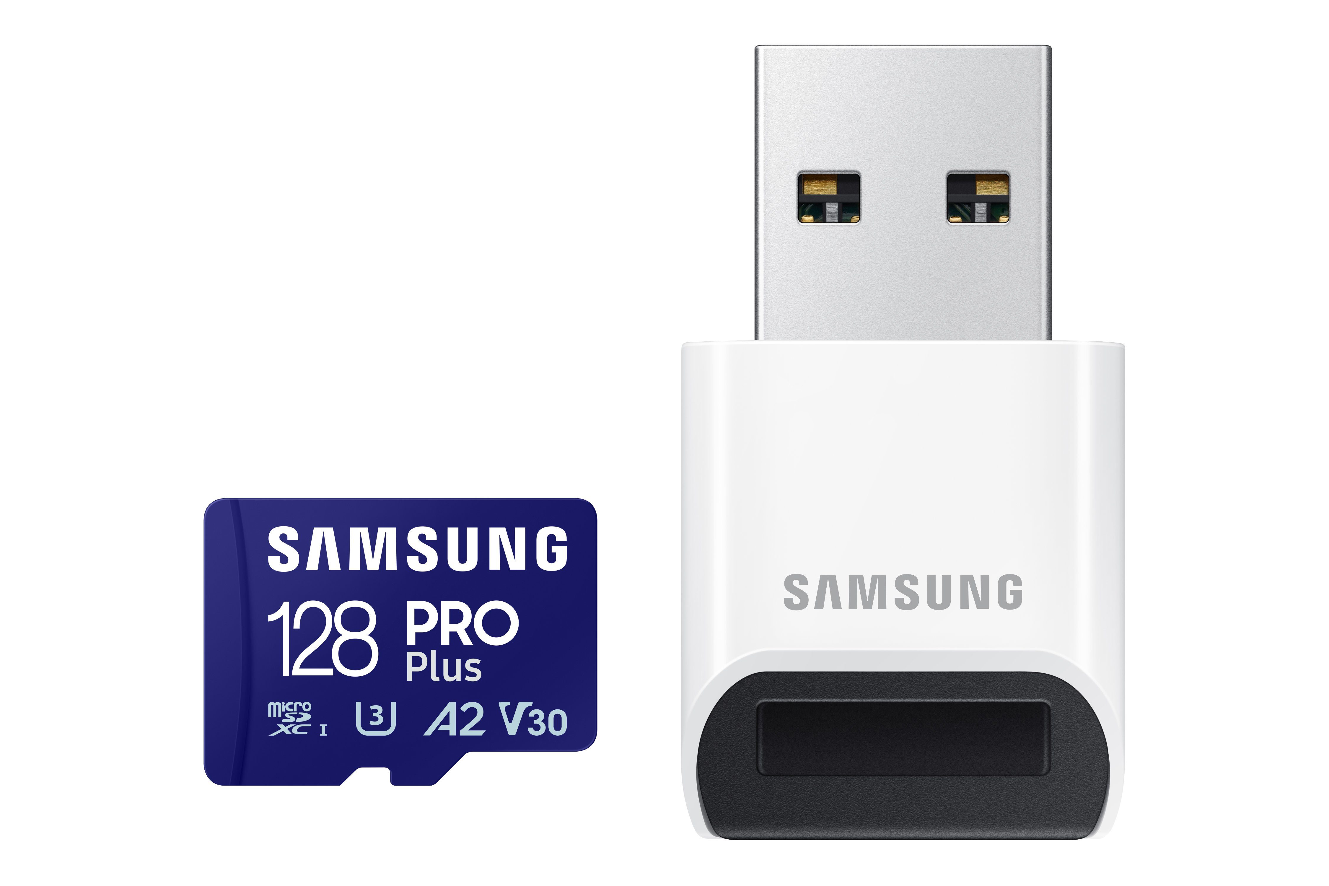 Samsung PRO Plus (2023) microSD, inkl. USB-Kartenleser Speicherkarte (128 GB, UHS Class 3, 180 MB/s Lesegeschwindigkeit)