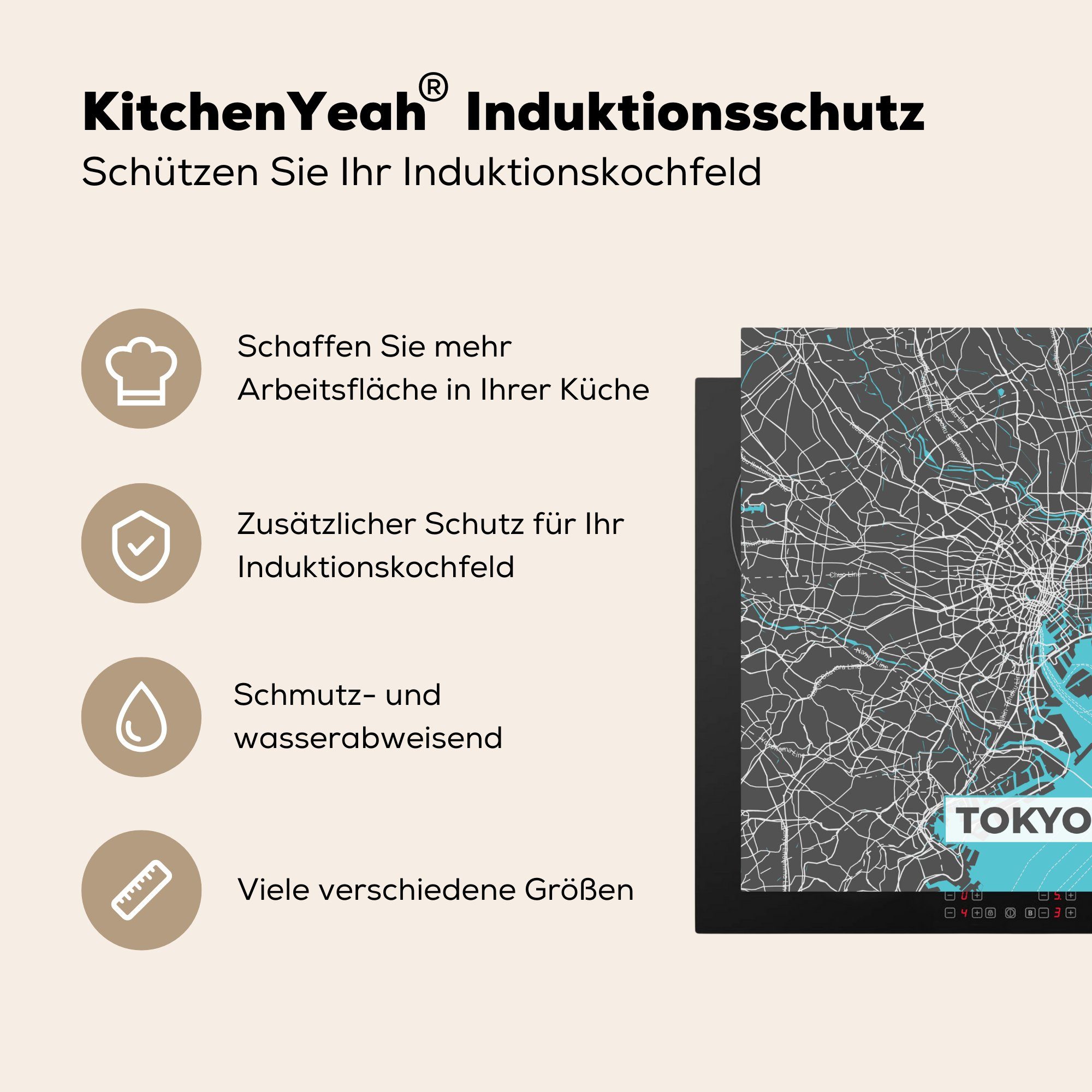 - MuchoWow - (1 für Karte, Herdblende-/Abdeckplatte - Stadtplan Blau Tokio Ceranfeldabdeckung, tlg), Arbeitsplatte küche Vinyl, 78x78 cm,