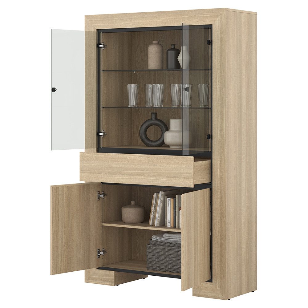 Lomadox Esszimmer-Set CERIALE-83, (Spar-Set, 3-St., Esstisch Sideboard Vitrine), in Eiche, inkl. LED-Beleuchtung, grifflos, modern