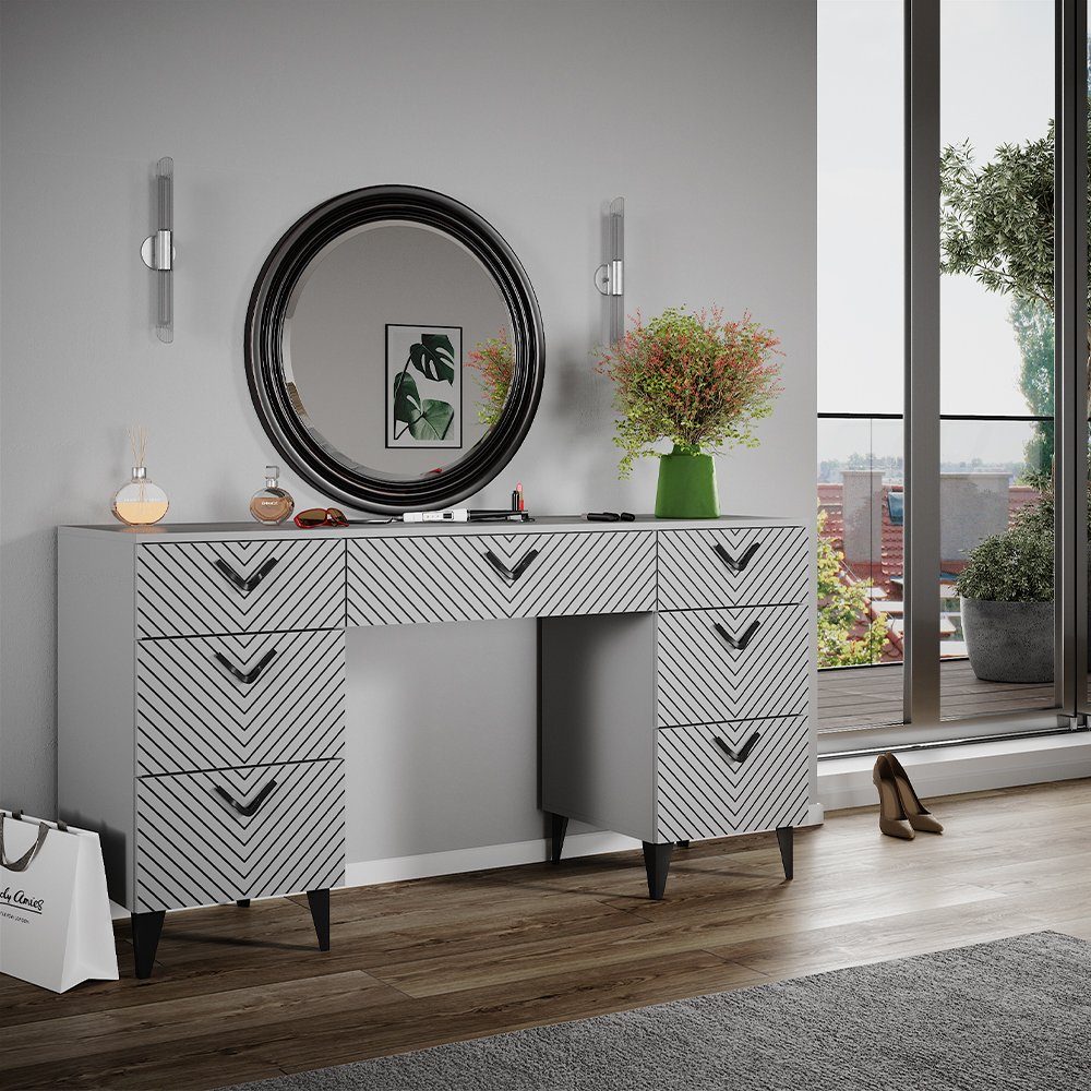 Vicco Schminktisch Anett, Grau, 150 cm ohne Spiegel, mit 7 Schubladen günstig online kaufen