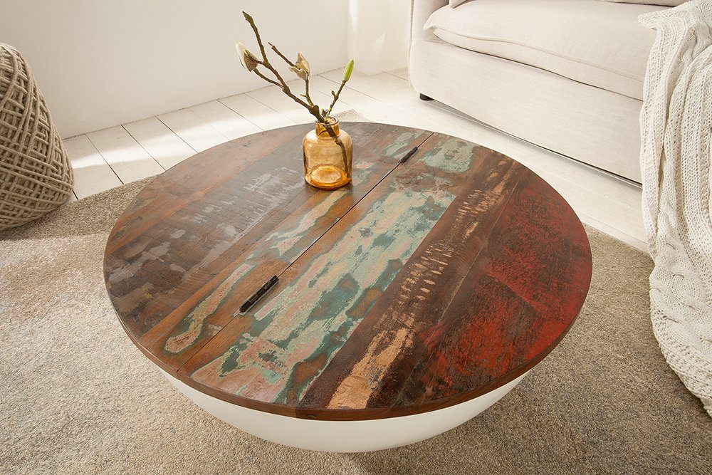 · Wohnzimmer Couchtisch Fach natur, · JAKARTA 70cm · mit recyceltes Boho · Massivholz / riess-ambiente rund weiß Metall ·