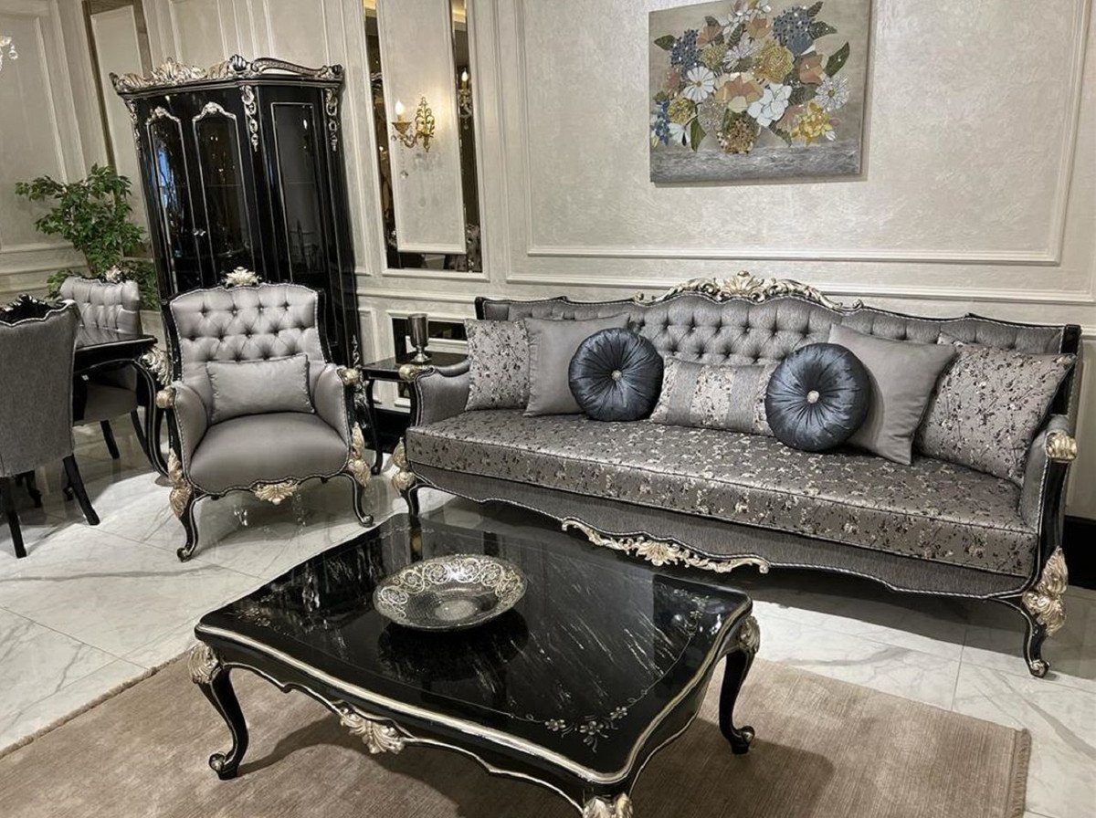 Casa Padrino Sofa Kissen Barockstil im Möbel Silber - / - Sofa Handgefertigtes / Barock Schwarz Luxus und dekorativen Wohnzimmer elegantem mit Wohnzimmer Sofa Muster Silber