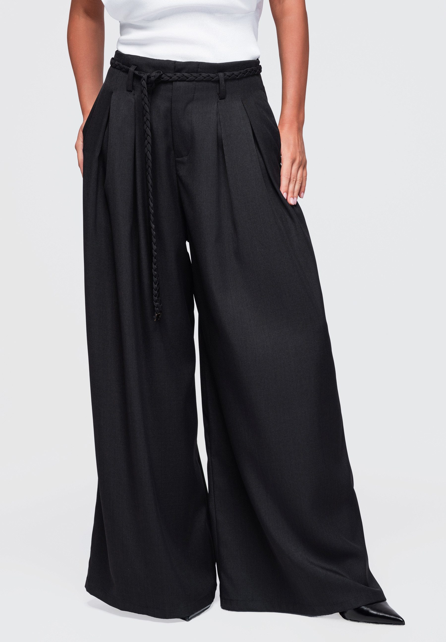 OMBRE Palazzohose Damen Palazzohose mit weitem Bein und hohem Bund Schwarz XL (kein Set, 1-tlg) in Unifarbe