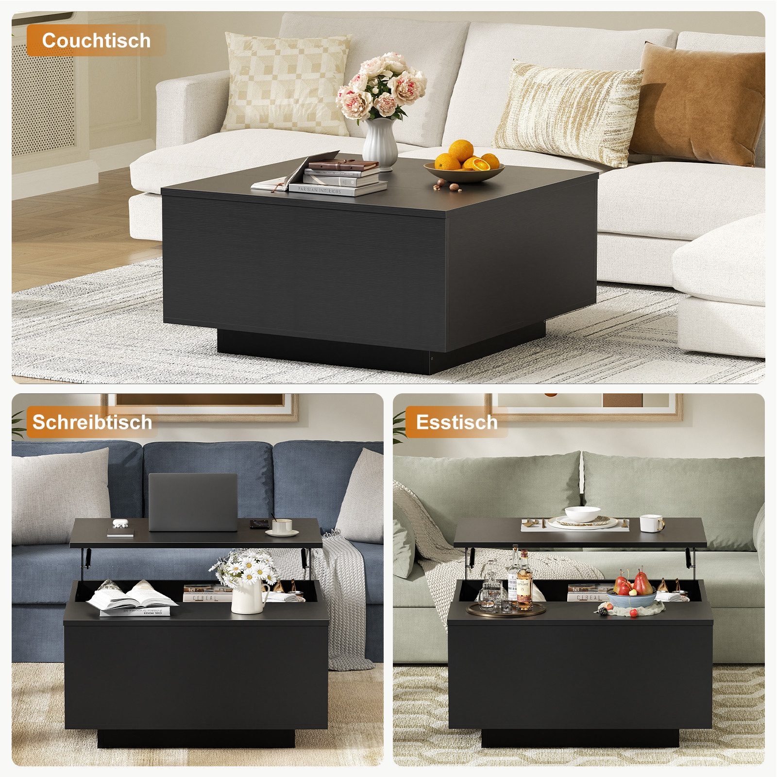 FABATO Couchtisch eckig, höhenverstellbar mit verstecktem Staufach, Landhaus-Design (1-St), mit einem sanften Hebe-Mechanismus, schwarz