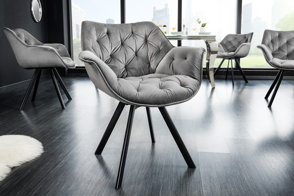 riess-ambiente Polsterstuhl THE DUTCH COMFORT grau – Samt, mit Armlehnen, Metall-Beine (Einzelartikel, 1 St), 180° drehbar mit Auto-Return-Funktion – ideal für Esszimmer oder Büro