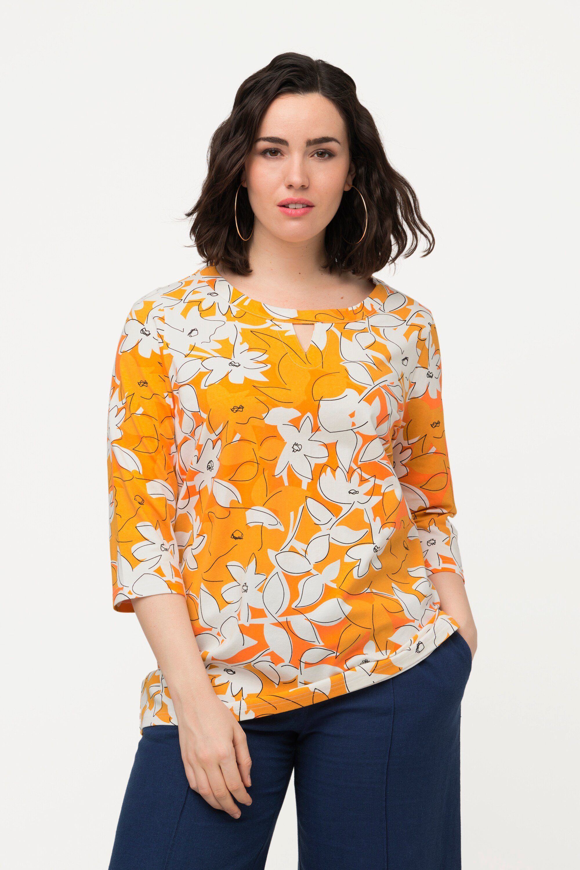 Ulla Popken Rundhalsshirt T-Shirt Blüten Classic Tunika-Ausschnitt 3/4-Arm mandarine | V-Shirts