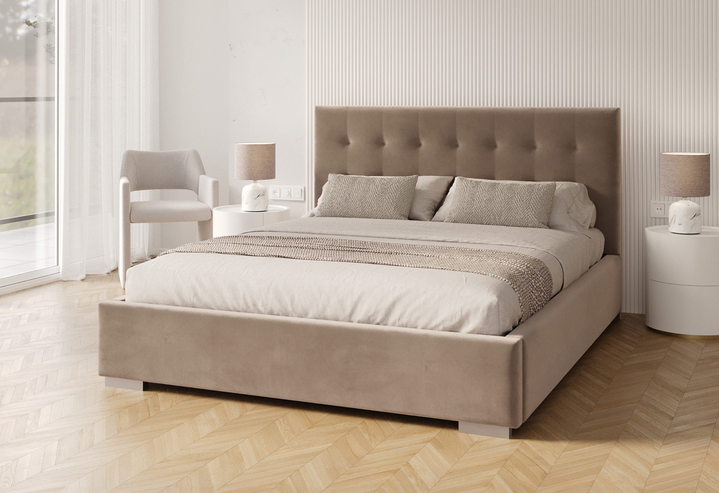 FDM Polsterbett GRACE modern mit Bettkasten MADE IN EU - mit hochwertigem Paris Bezug (verfügbar 90x200 120x200 140x200 160x200 180x200cm, Bettrahmen, Bett, mit großen gepolsterten Kopfteil, mit Bettkasten zum aufklappen), Hebbarer Metallrahmen, Bettkasten, Matratze wählbar