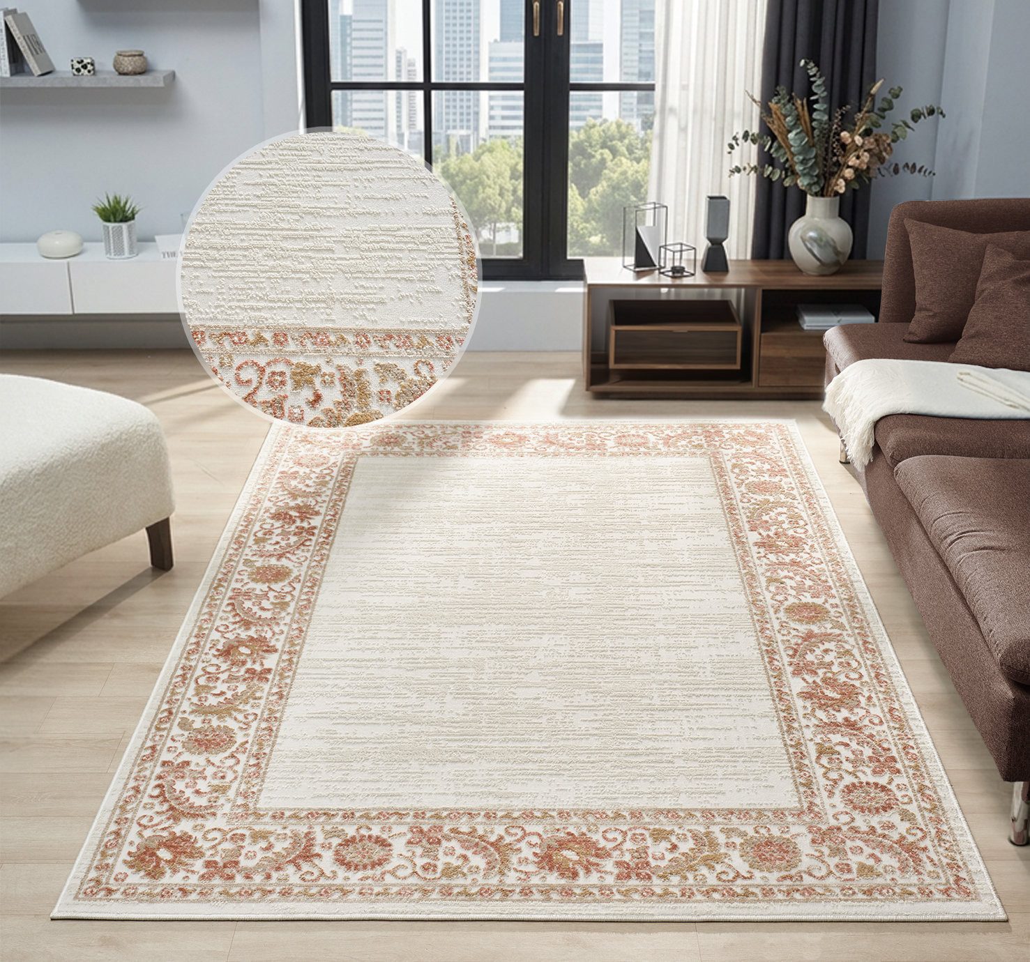 OTTO home Teppich Fennia, Blumen-Motiv, Orient-Optik, rechteckig, Höhe: 7 mm, Hoch-Tief, Bordüre, Floral, meliert, Wohnzimmer, Schlafzimmer