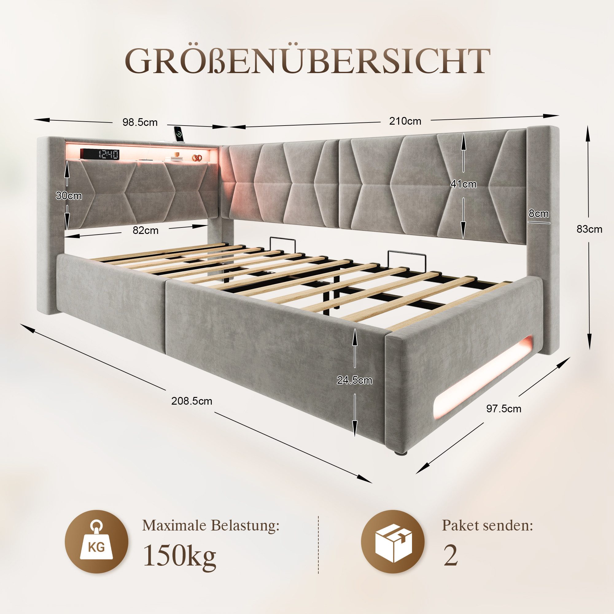 TavilaEcon Polsterbett Samtbett mit LED-Beleuchtung an Kopf- und Fußteil, USB & Type-C (1-tlg), mit Lattenrost, ohne Matratze, 90×200cm, grau – Bild 3 von 5