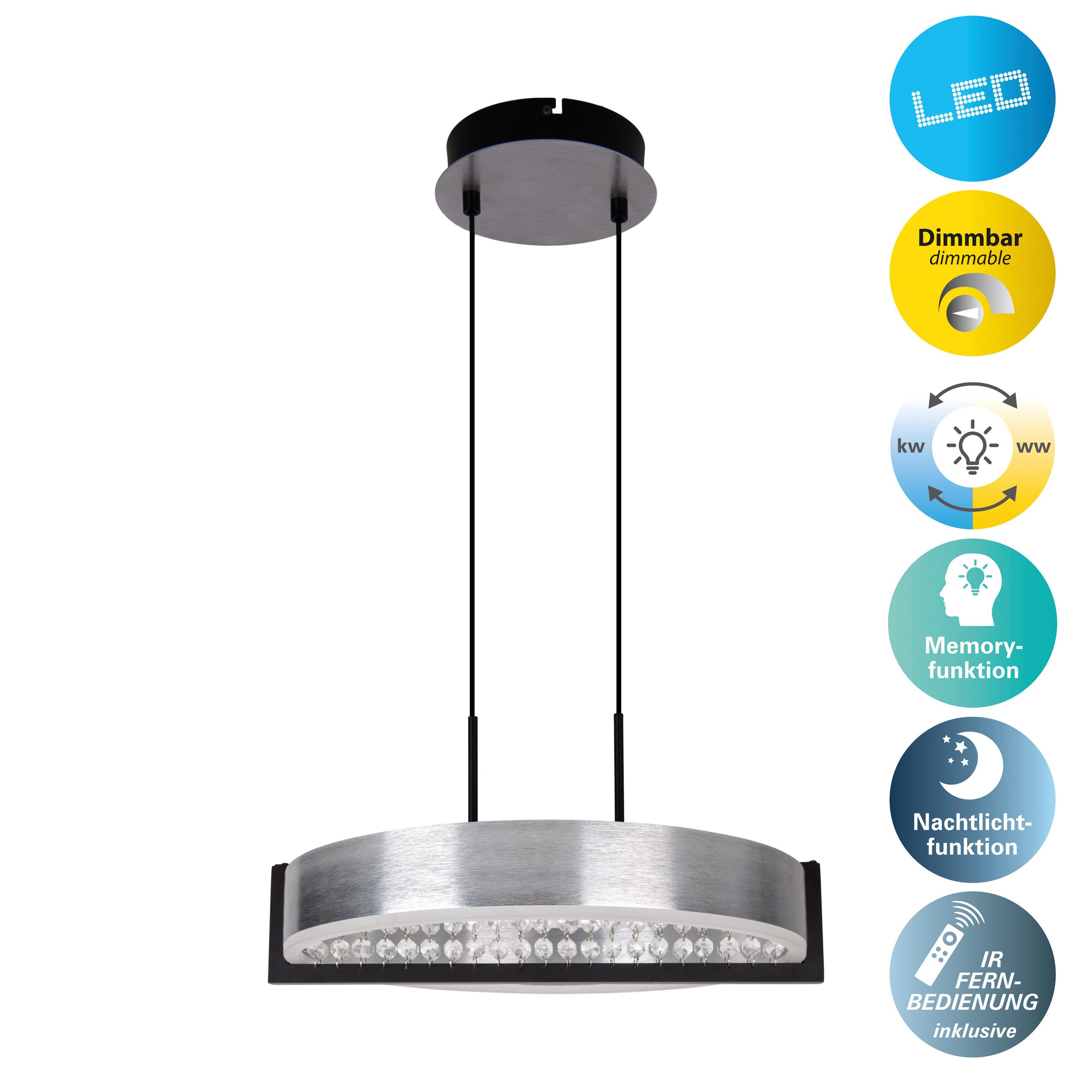 näve LED Pendelleuchte Yvaris, CCT - über Fernbedienung, Dimmfunktion, Memoryfunktion, Nachtlichtfunktion, mehrere Helligkeitsstufen, LED fest integriert, warmweiß - kaltweiß, dimmbar per Fernbedienung, Memory, Nachtlicht, CCT, Kristallelemente