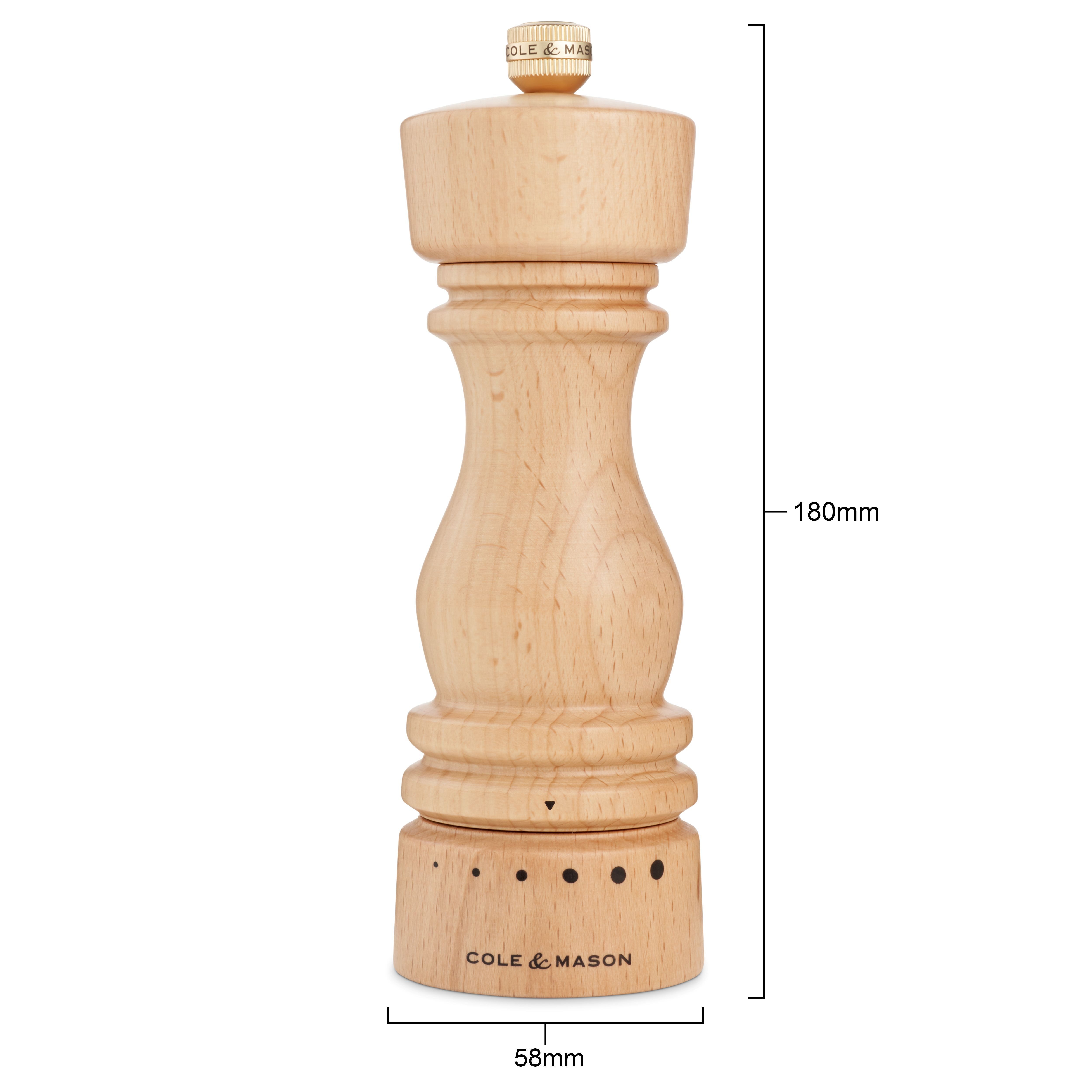 Cole & Mason Salz-/Pfeffermühle Set aus Buchenholz mit Mahlgrad-Auswahl London, Precision+ Karbonstahlmahlwerk, korrosionsbeständiges Keramikmahlwerk