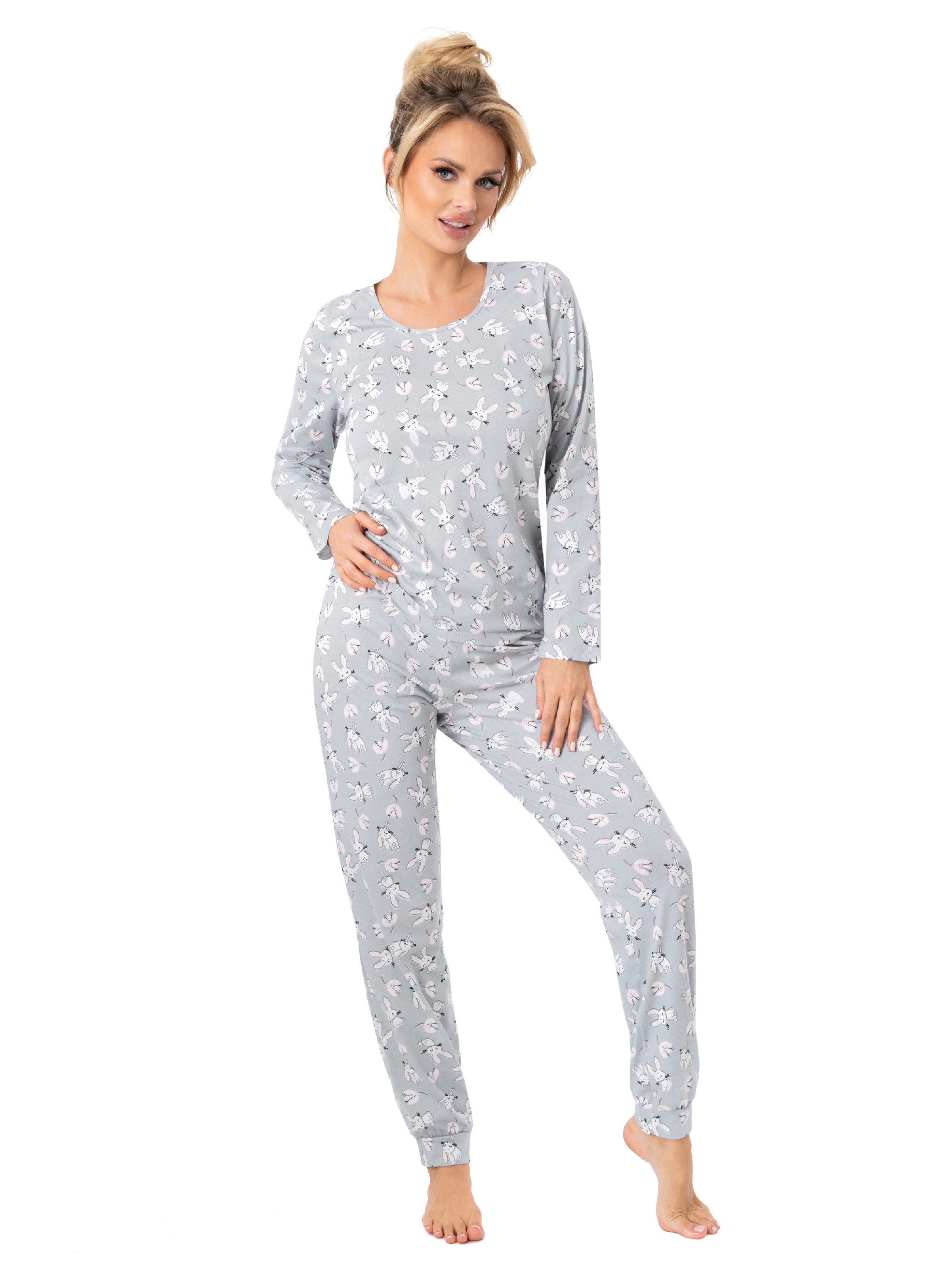 Donna Pyjama Langarm Schlafanzug mit Bündchen mit Häschen-Motivdruck günstig online kaufen