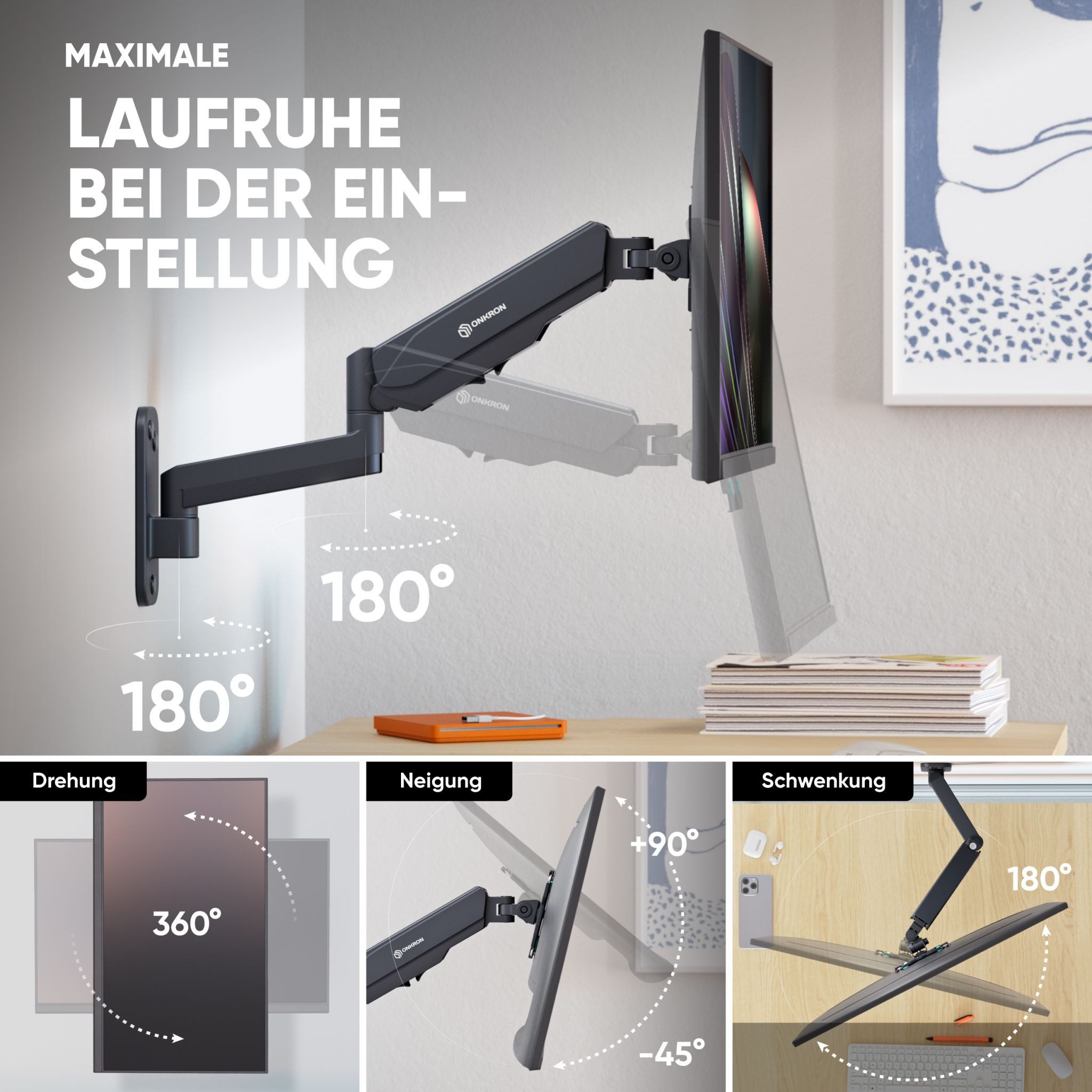 ONKRON Monitor-Halterung 13-34 Zoll, bis 8 kg, VESA 75x75-100x100, G150-B, (bis 34,00 Zoll, Monitor Wandhalterung, 1-tlg., Monitor Wandhalterung, neigbar, schwe – Bild 3 von 5