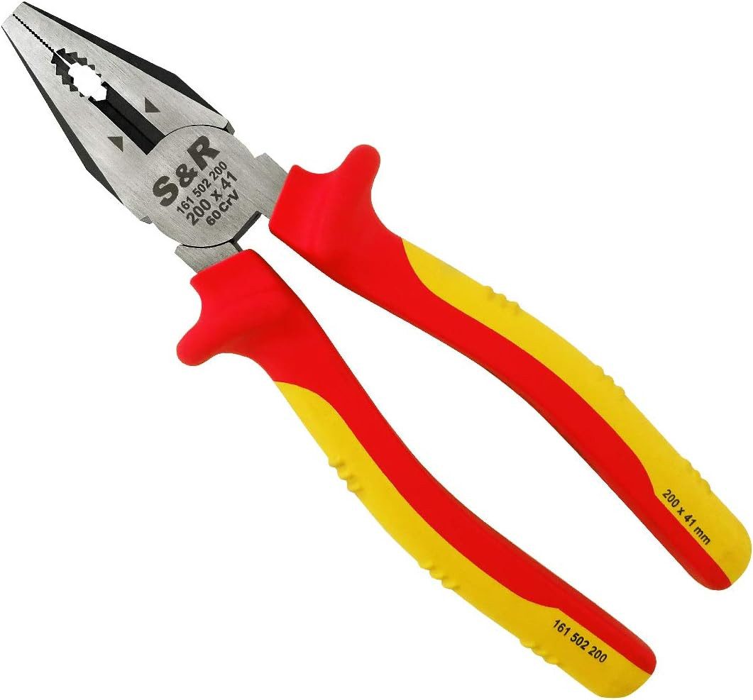 S&R Kombizange VDE-geprüfte Kombizange 200mm 1000V Universalzange, Backen 41 mm, 1-tlg., Mit Schneidkante für Draht, HRC 58-65, 60CrV Stahl, phosphatiert