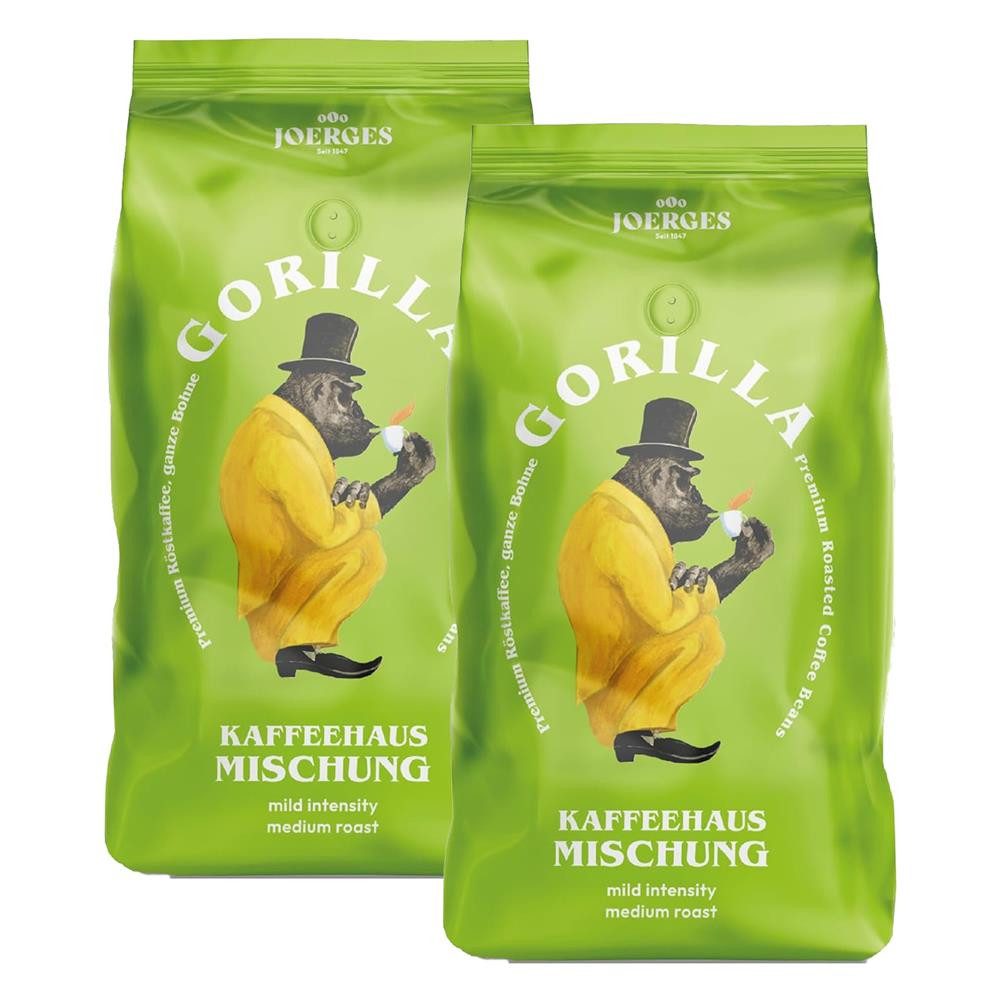 Gorilla Kaffee Joerges Kaffeehaus Mischung ganze Kaffeebohnen geröstet, 2 x 1000 g, Besonders milder Geschmack