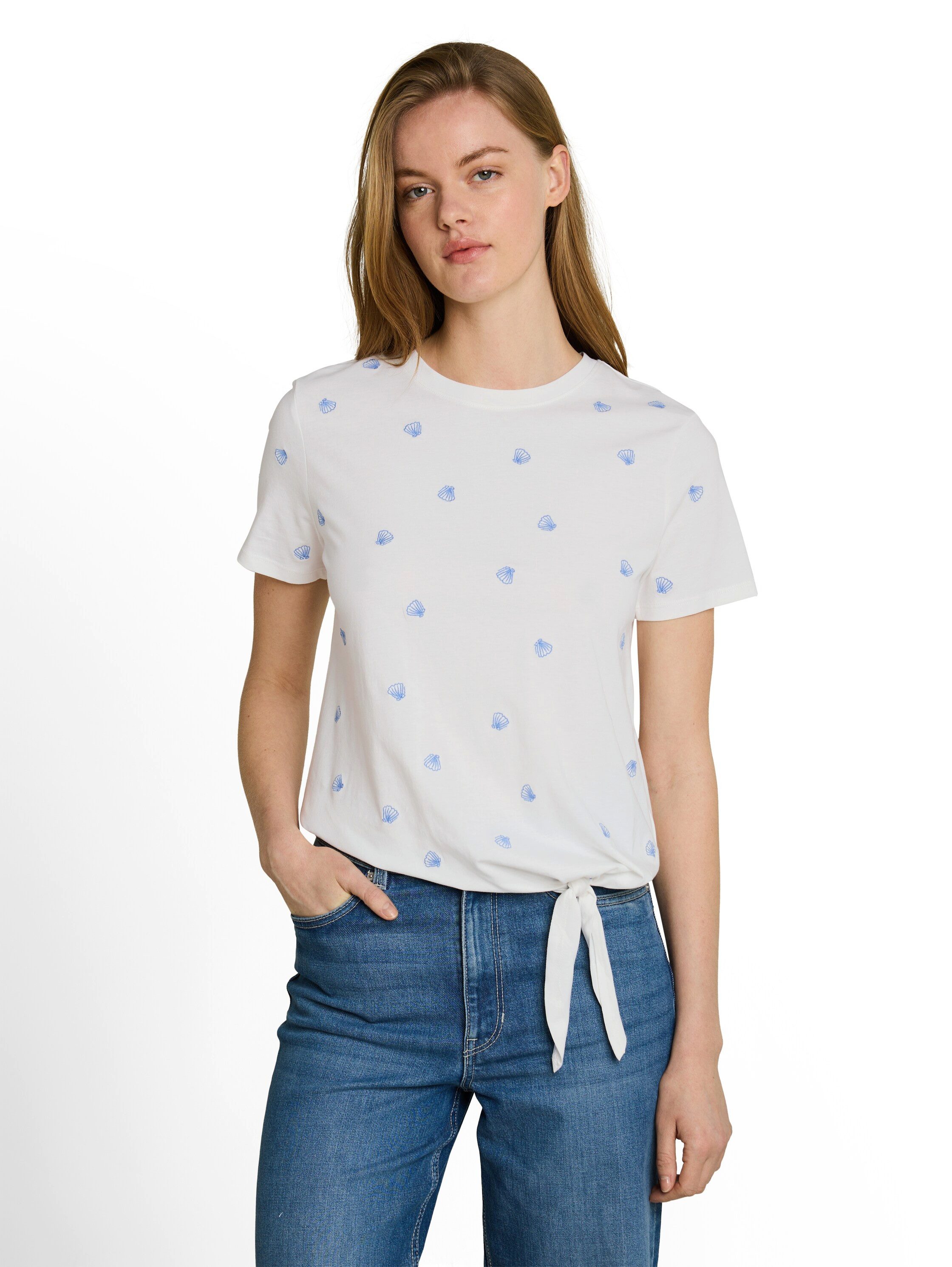 TOM TAILOR Denim T-Shirt Sommershirt mit Knoten-Detail und Stickereien