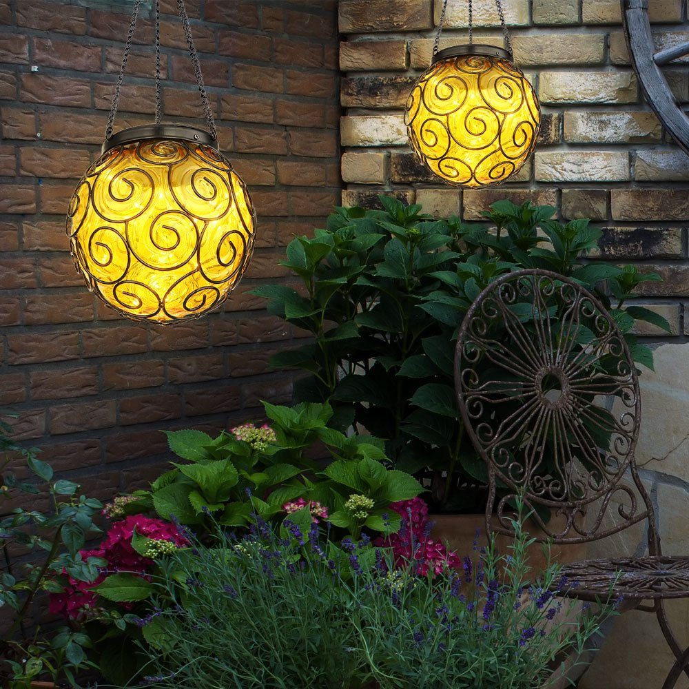 Hängelampe LED Warmweiß, Set 2er Außenleuchte Globo inklusive, LED Solarleuchte, Leuchtmittel Gartenlampe amber Solarlampe
