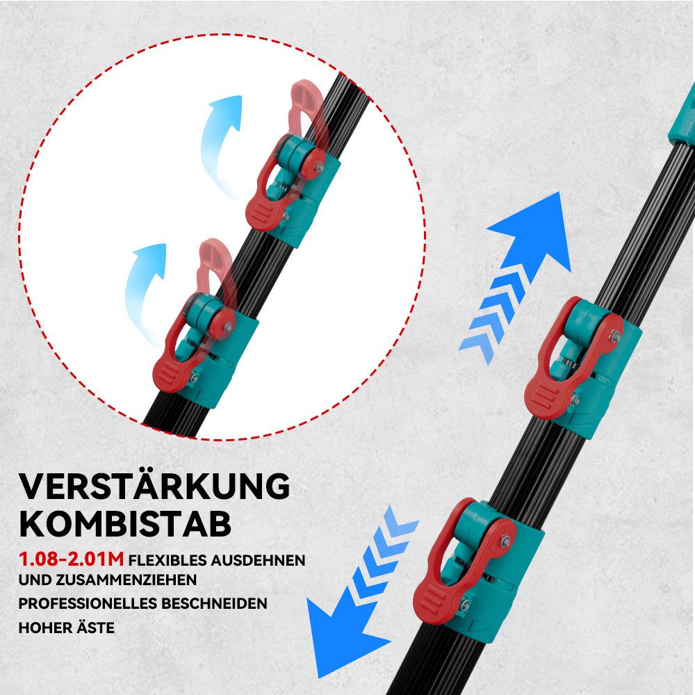 ONEVAN Akku-Astschere Teleskop 45cm Elektrische Gartenschere, 2m Teleskopstange, (mit 2x Akku), 2 in 1 Astschere Teleskop für Baum und Gartenpflege