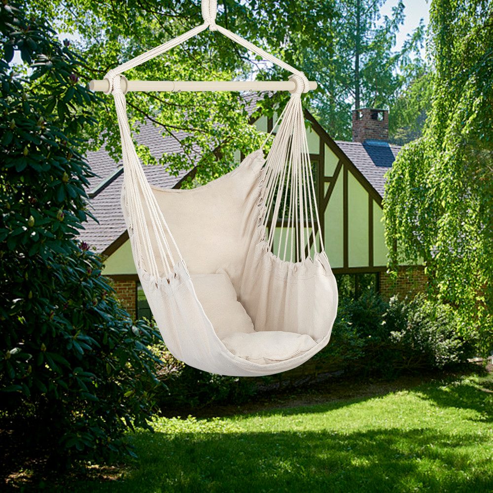 LALAHO Hängesessel Hängematte mit 2 Kissen, Tragkraft 100 kg, für Indoor Outdoor Garten, Beige – Bild 4 von 5