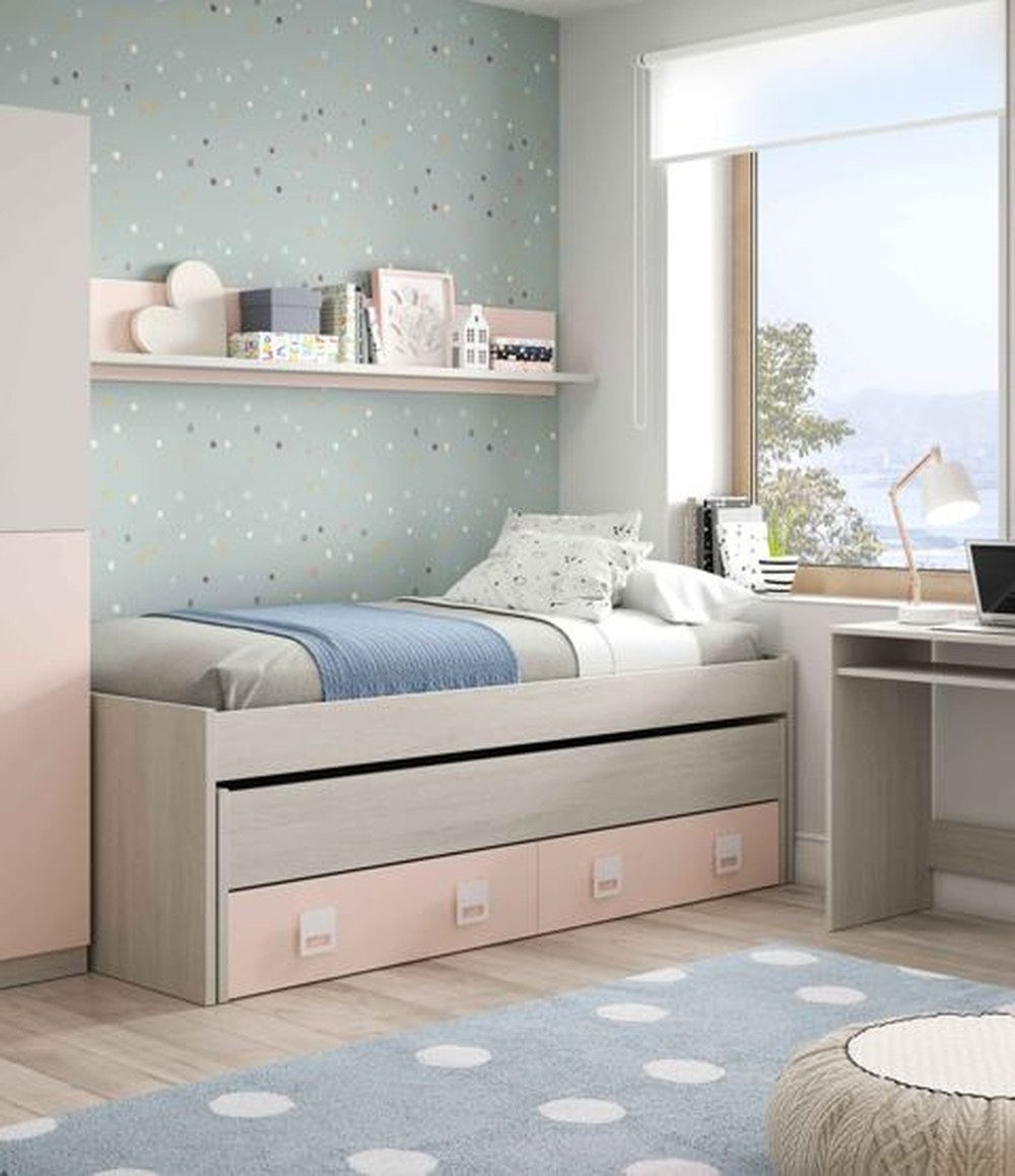 freiraum Kinderbett NUBE (Kojenbett mit Ausziehbett, 2 große Schubladen und Wandregal), in Alpen-Weiß / Grau / Rosa - 199x65x96 (BxHxT)