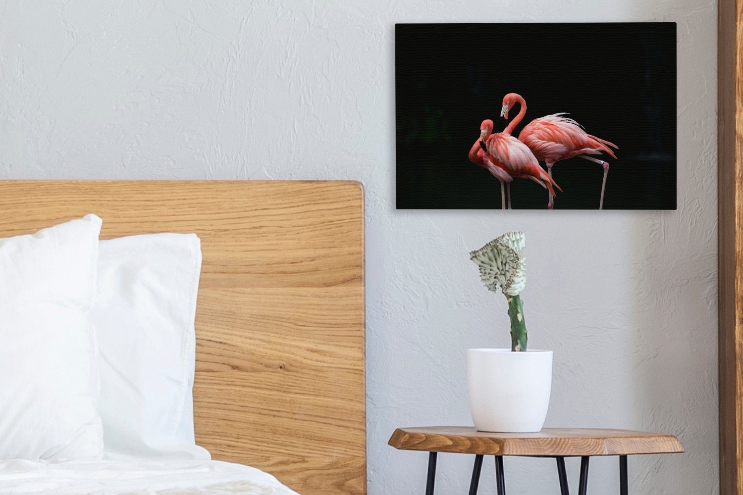 OneMillionCanvasses® Leinwandbild Zwei Flamingos Wanddeko, cm schwarzem mit 30x20 Aufhängefertig, Hintergrund, (1 Leinwandbilder, St), Wandbild