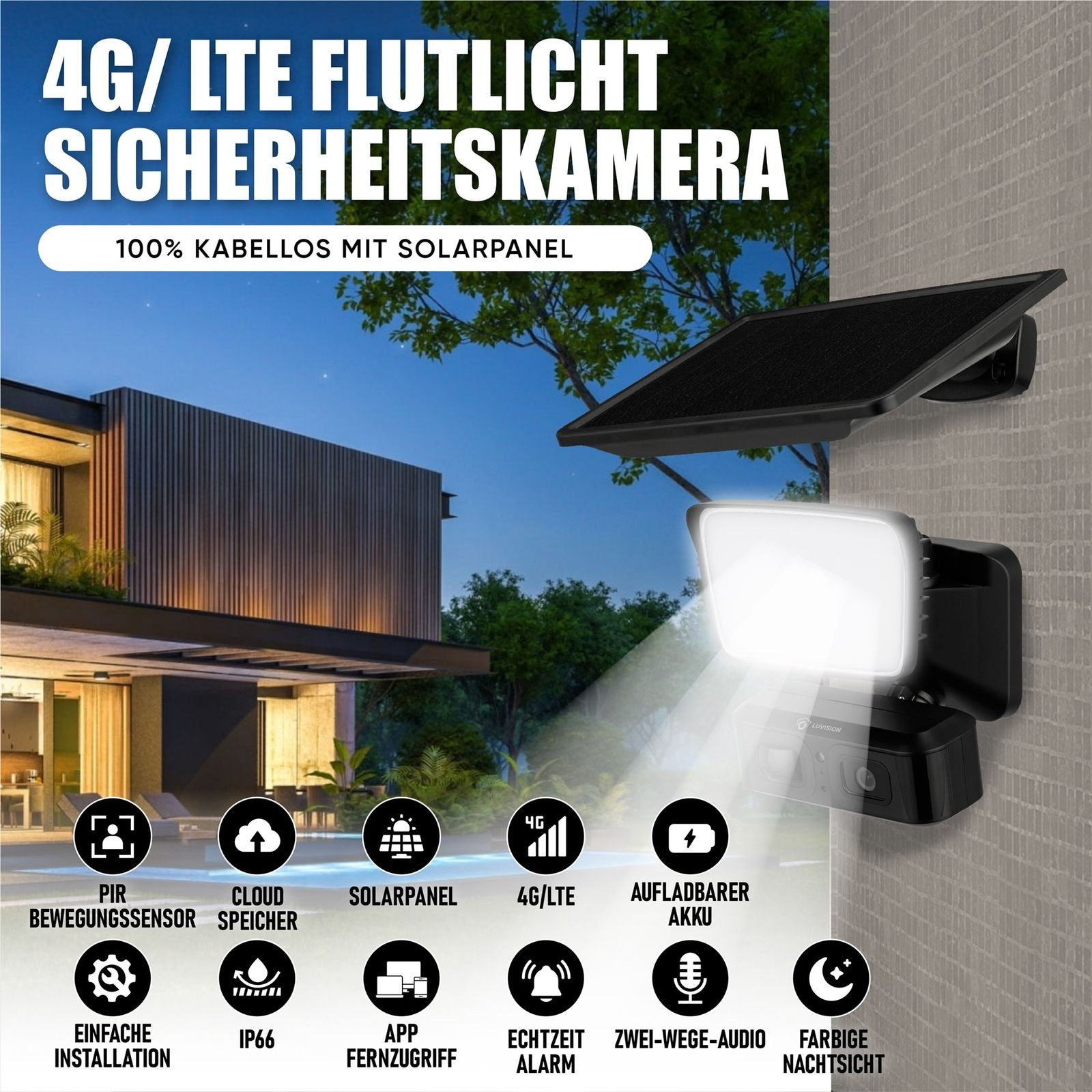 LUVISION Überwachungskamera LV-G-2035 (Außenbereich, 4G / LTE Solar Flutlicht Überwachungskamera Lampe Solar Außenleuchte)
