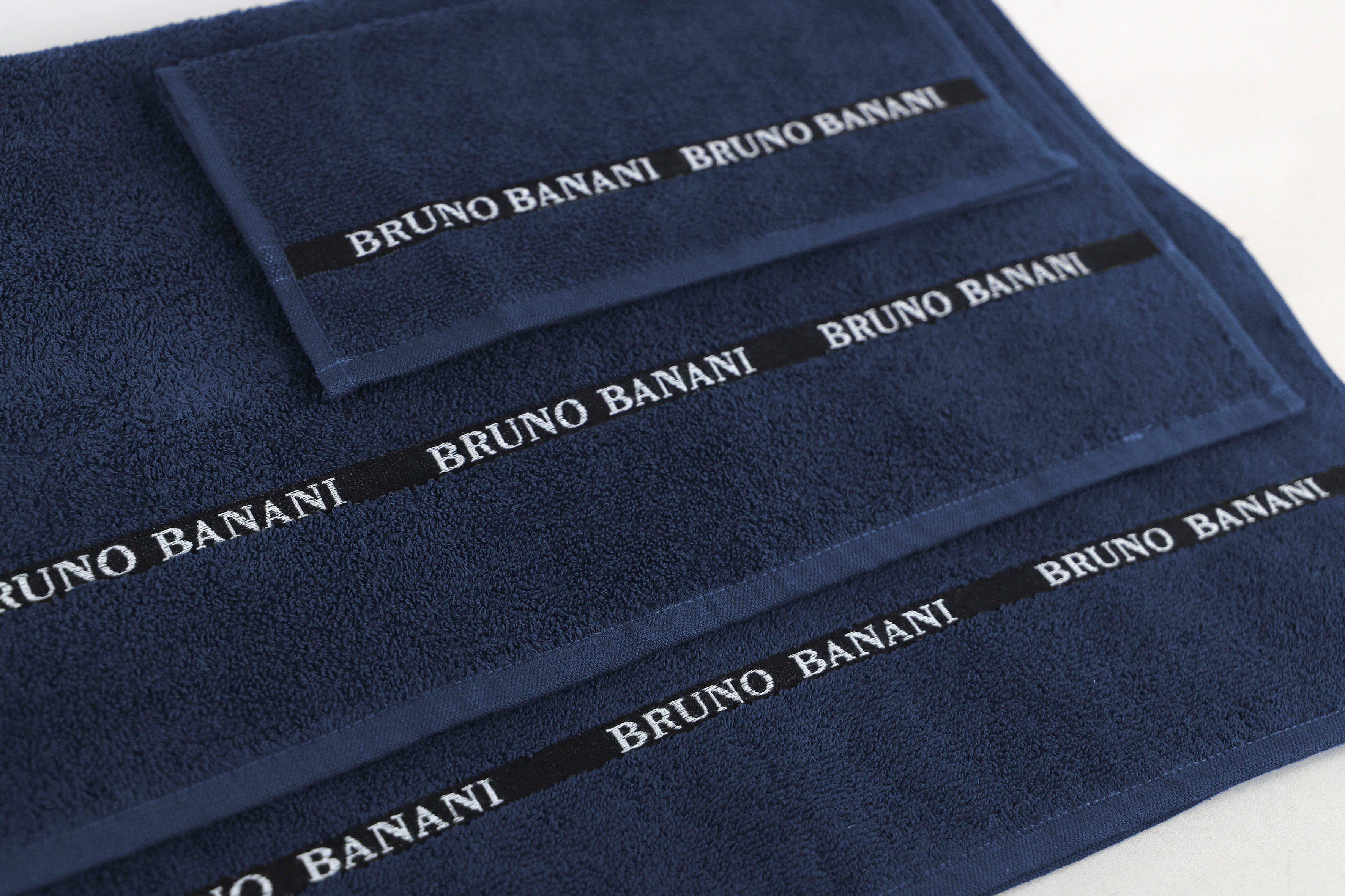 Bruno Banani Handtuch Set aus Logostreifen, Baumwolle Danny, Walkfrottier, mit 6-tlg), Handtuch-Set einfarbiges marine (Set, 100