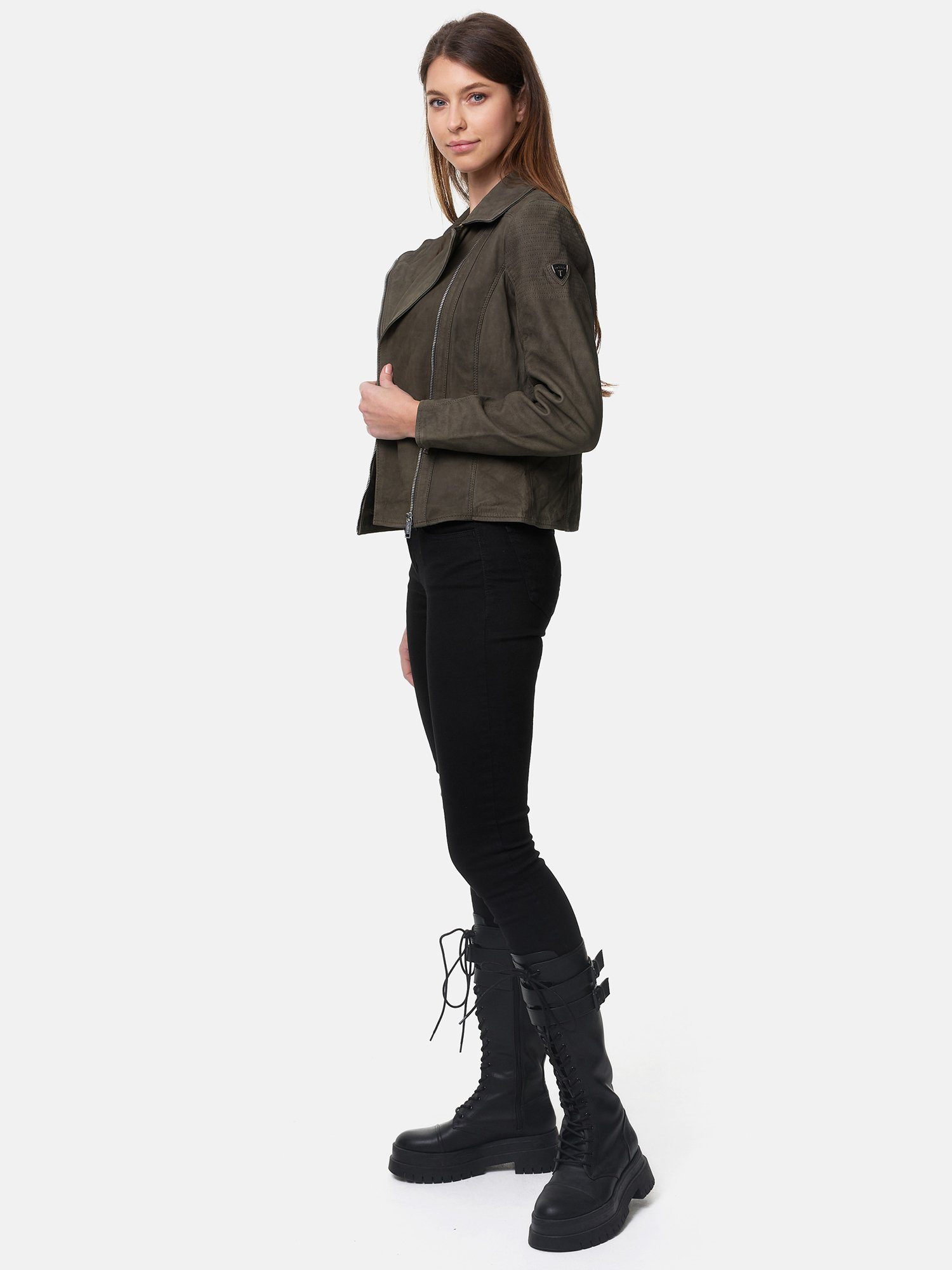 Zipper-Details Tazzio Damen Lederjacke Jacke Reverskragen im & khaki Leder mit Biker Look F500