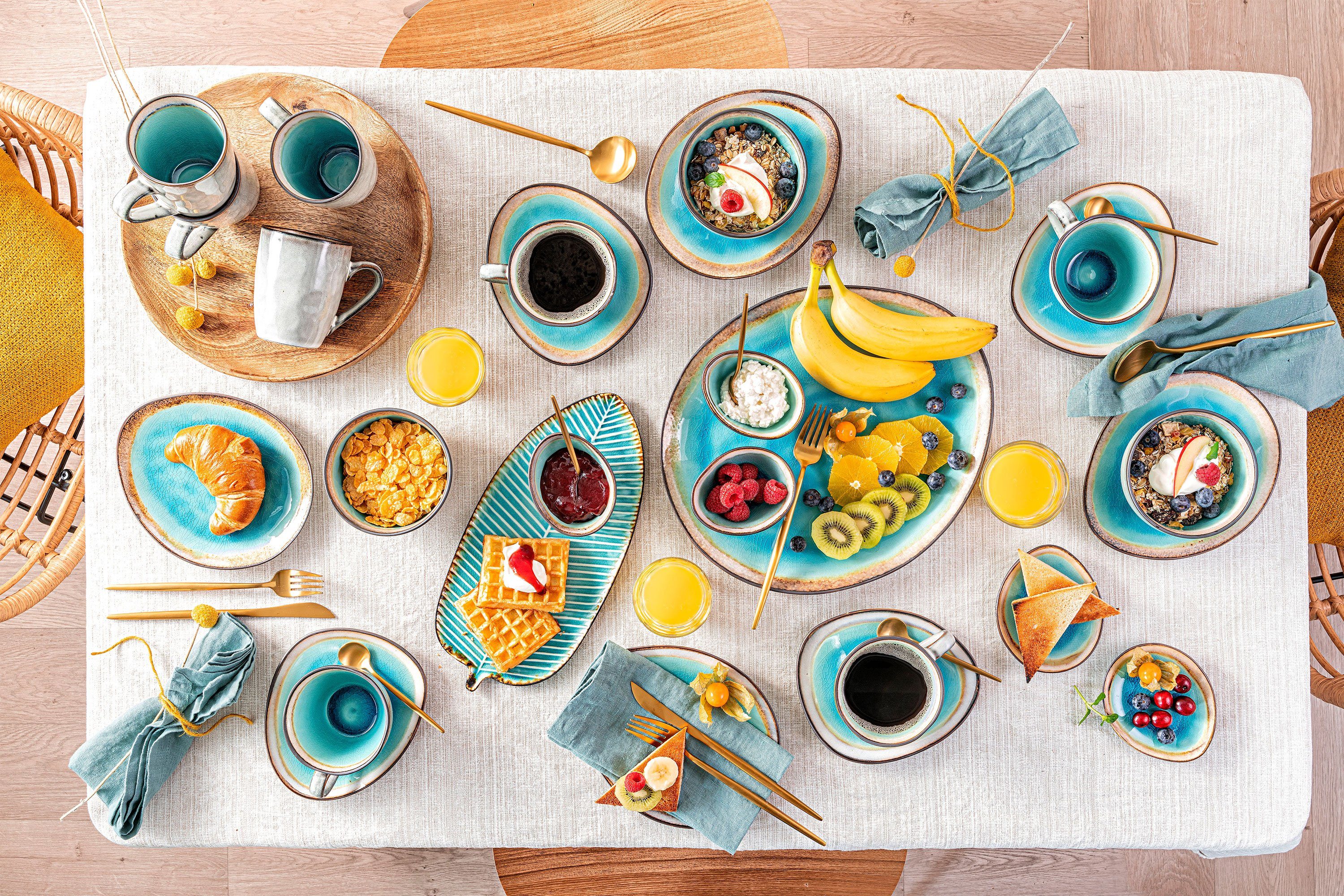 SÄNGER Kaffeeservice Capri Kaffeetassen Set Türkis Blau mit Grauem Rand (8-tlg), 4 Personen, Steingut, 230 ml, Handmade, Premium Collection