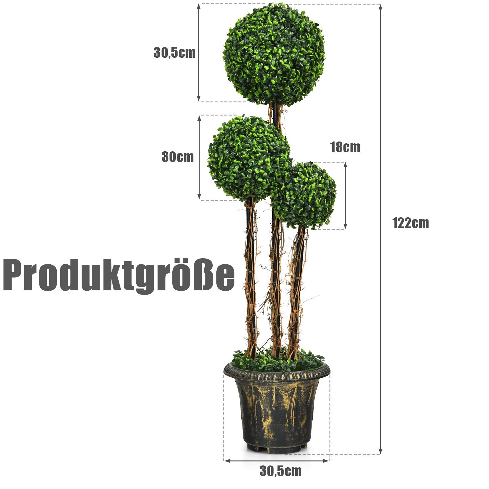 & COSTWAY, 3 Kunstpflanze Grün 115cm cm, Buchsbaumkugel, Kugeln Topf hoch, Höhe 120 mit