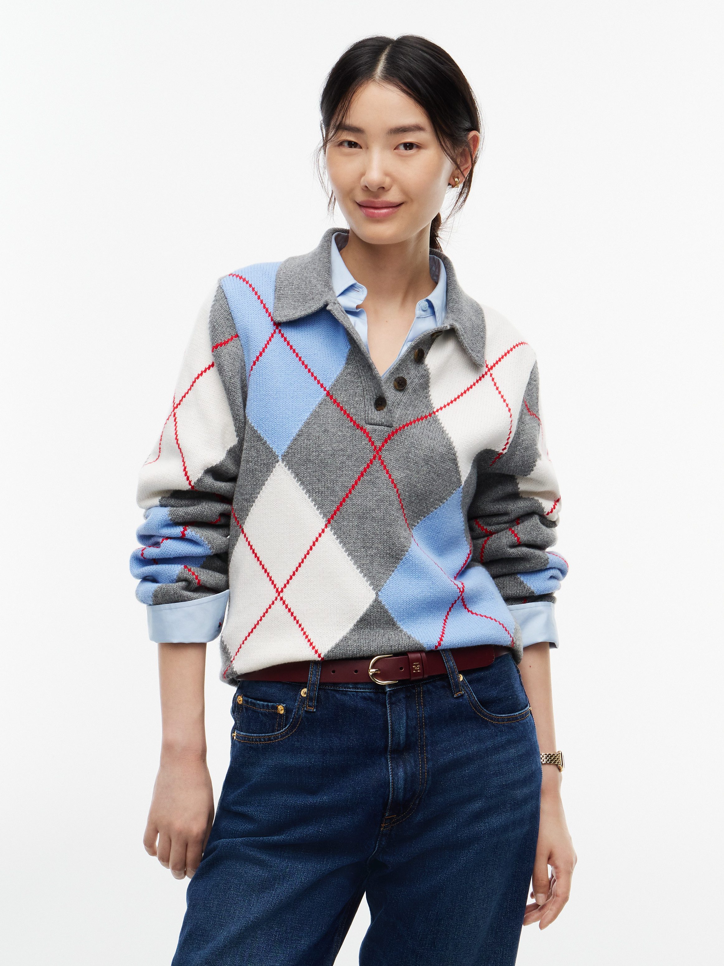 Tommy Hilfiger Polokragenpullover ARGYLE PREP NEW POLO LS Materialmix, Argyle Strickmuster