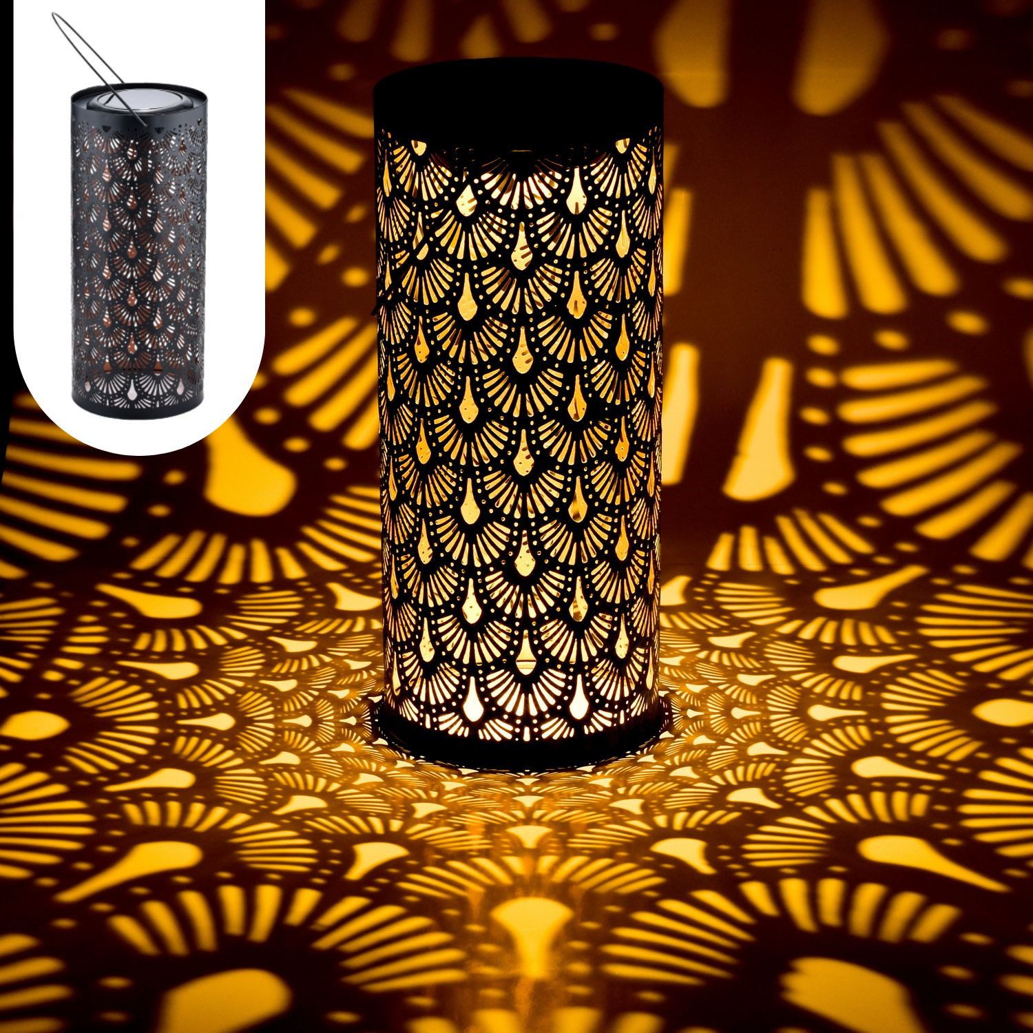 Marrakesch Orient & Mediterran Interior LED Solarleuchte Orientalische Solarlaterne Fava modern aus Metall in Schwarz 30 cm, LED fest integriert, Handarbeit
