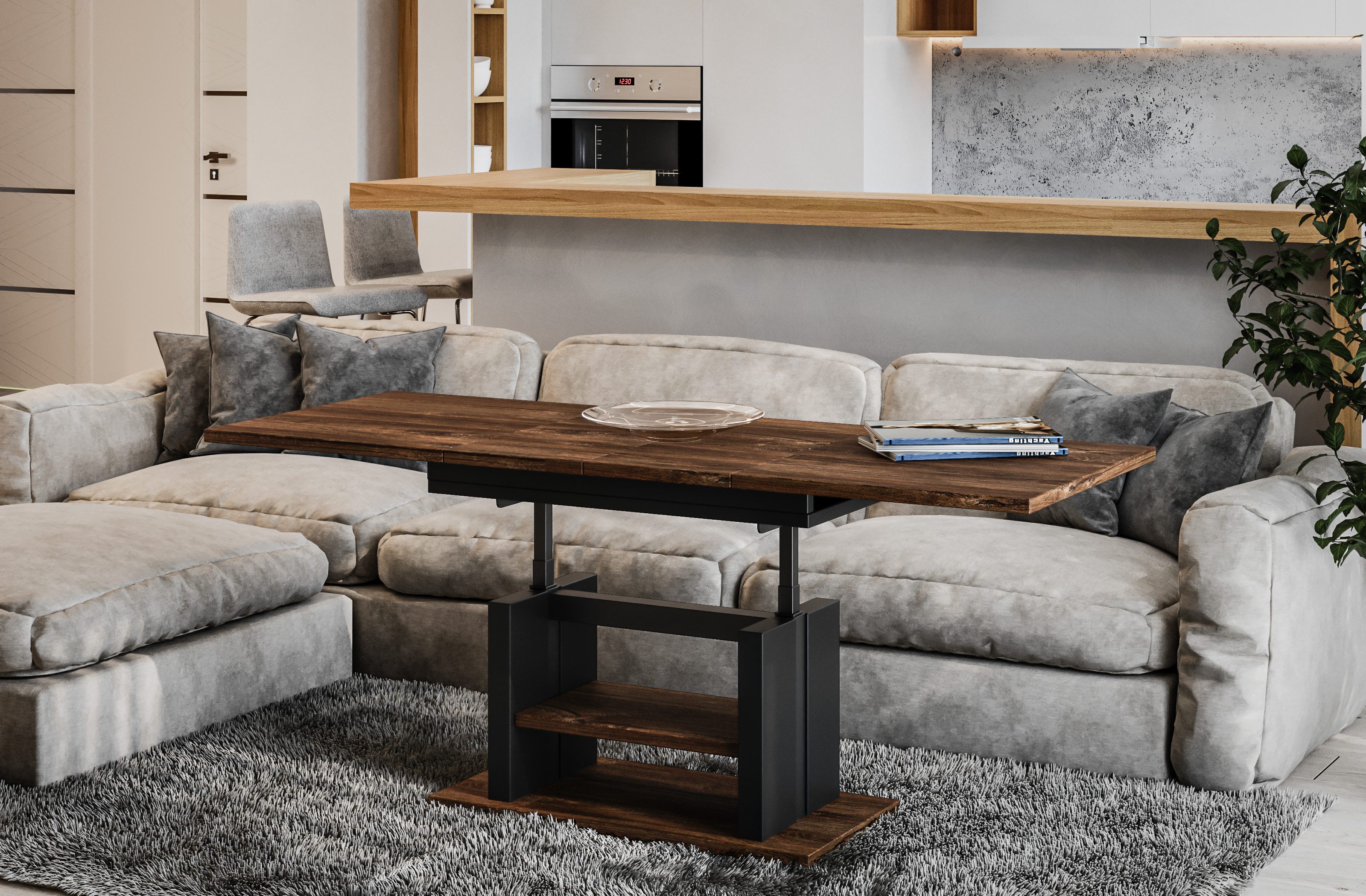 Endo-Moebel Couchtisch Dior 110cm - 170cm ausziehbar und höhenverstellbar Doppellift, Couch- & Esstisch in einem, Funktionstisch modern, umwandelbar