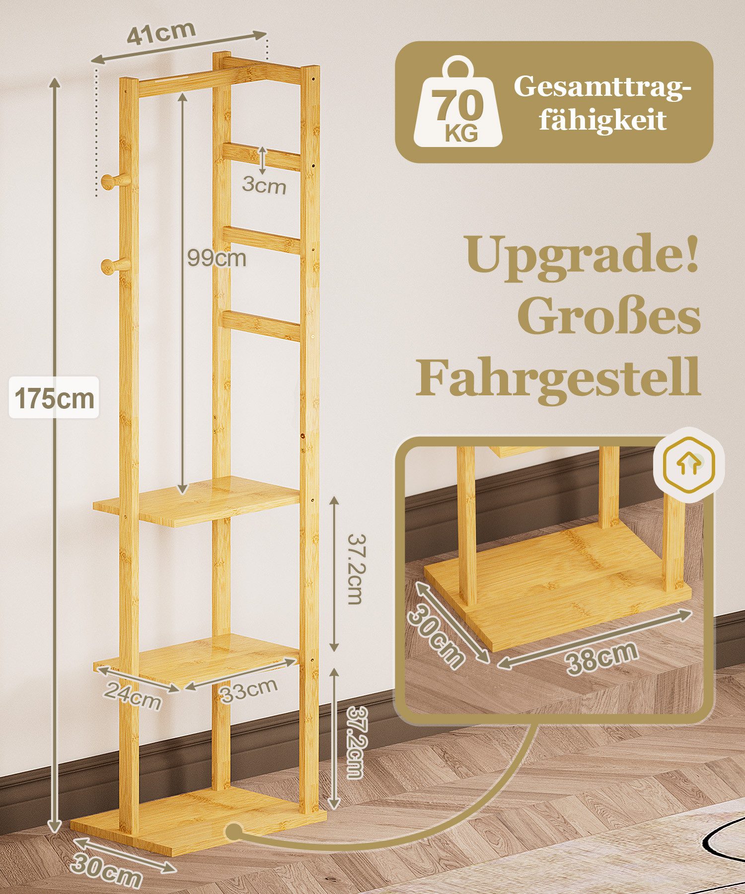 Yorbay Kleiderständer Garderobenständer aus Bambus Garderobe mit Kleiderstange, 3 Ablagen,2 Haken für Kleidung, Hüte, Taschen, Flur