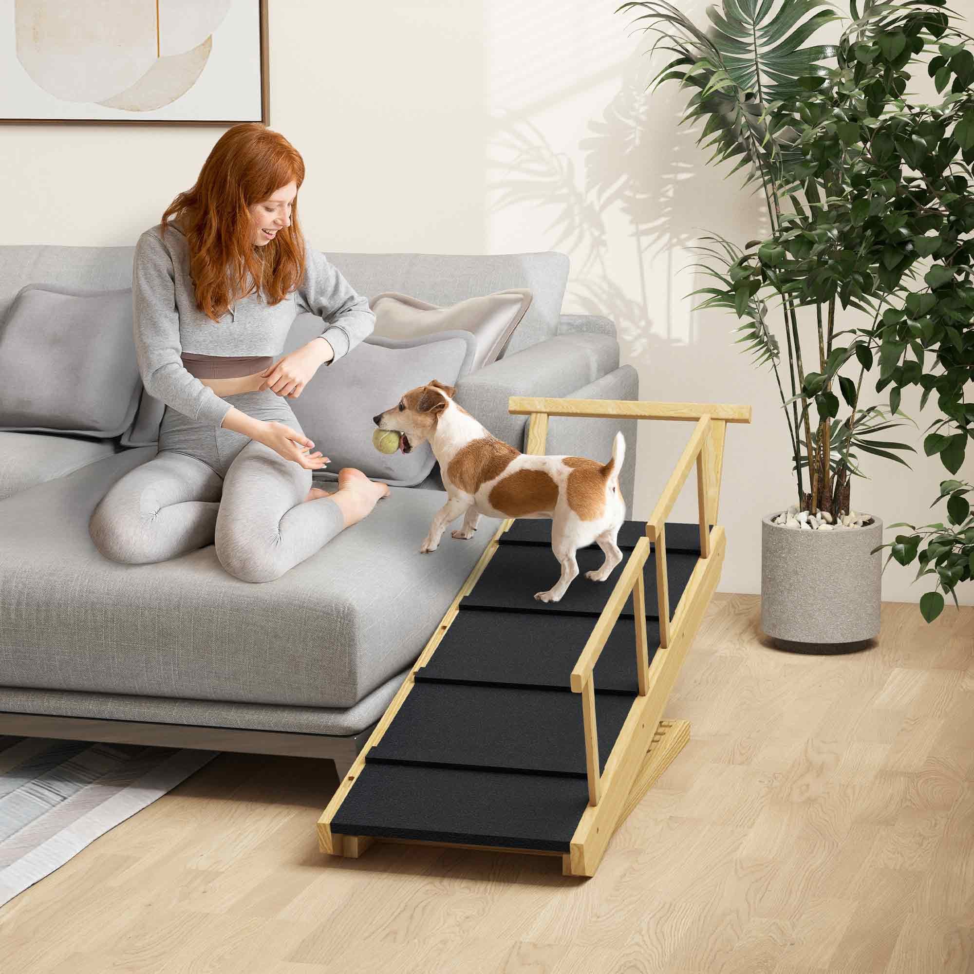 PawHut Hunderampe für Bett und Couch, mit Geländer, Anti-Rutsch-Pad, 85 cm (Hundetreppe, 1-St., Haustier-Rampe), für Haustiere unter 40kg, Naturholz