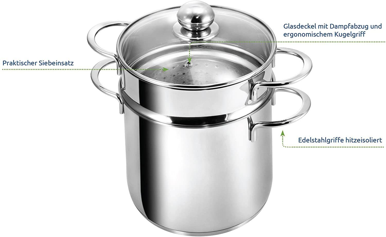 Kopf Spaghettitopf Makkaroni, Edelstahl, Ø 20 cm, mit Siebeinsatz für Gemüse