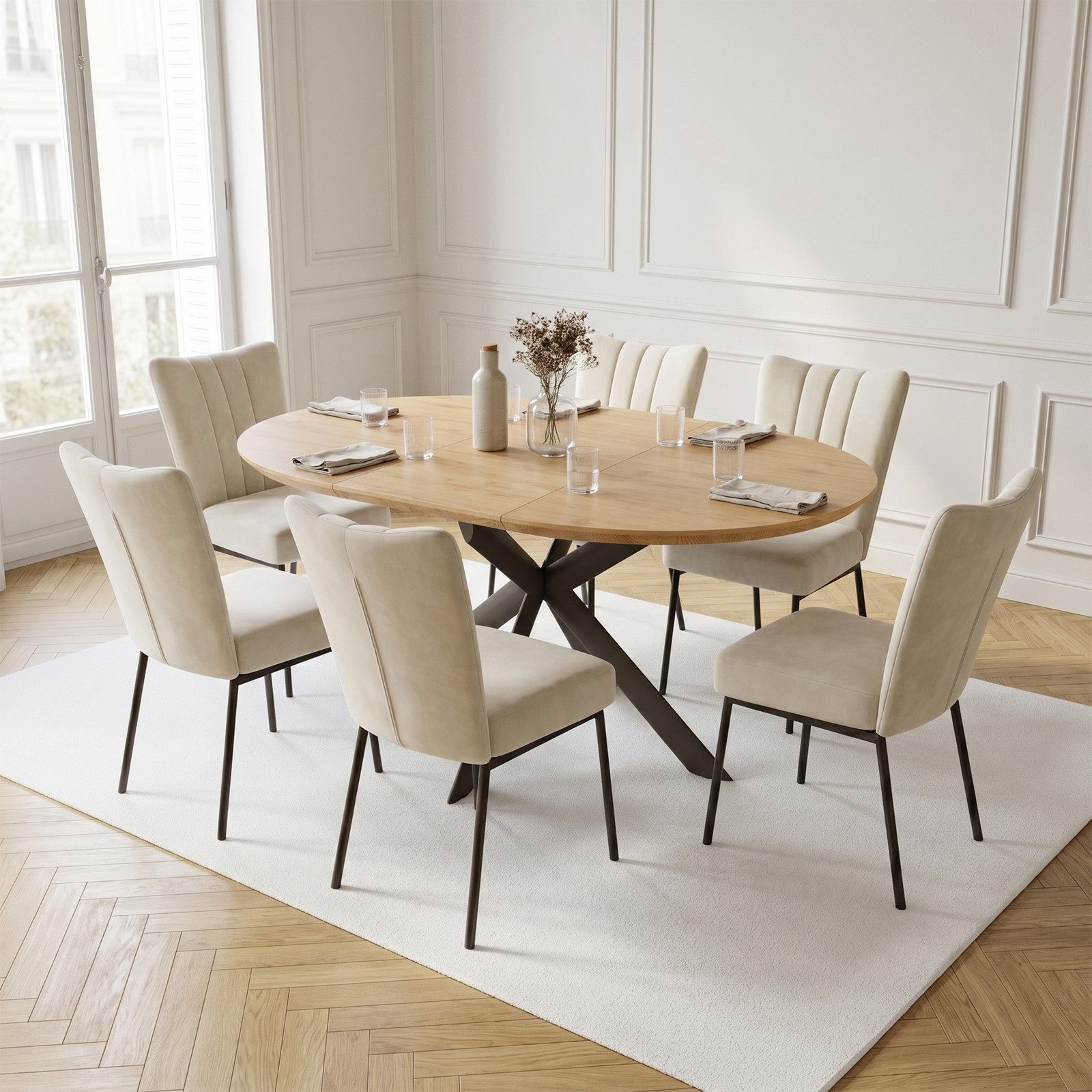 Jiexi Essgruppe Tisch-und Stuhlset, Ausziehbarer Esstisch (110-150 cm) mit 4-6 Stühlen