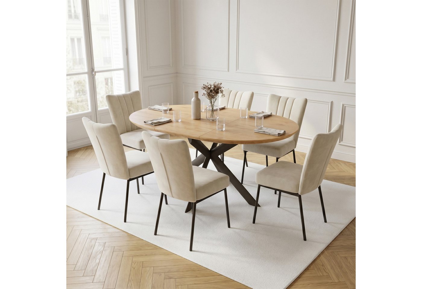 Jiexi Essgruppe Esstisch ausziehbar rund bis oval MDF-Platte mit Samtstühlen