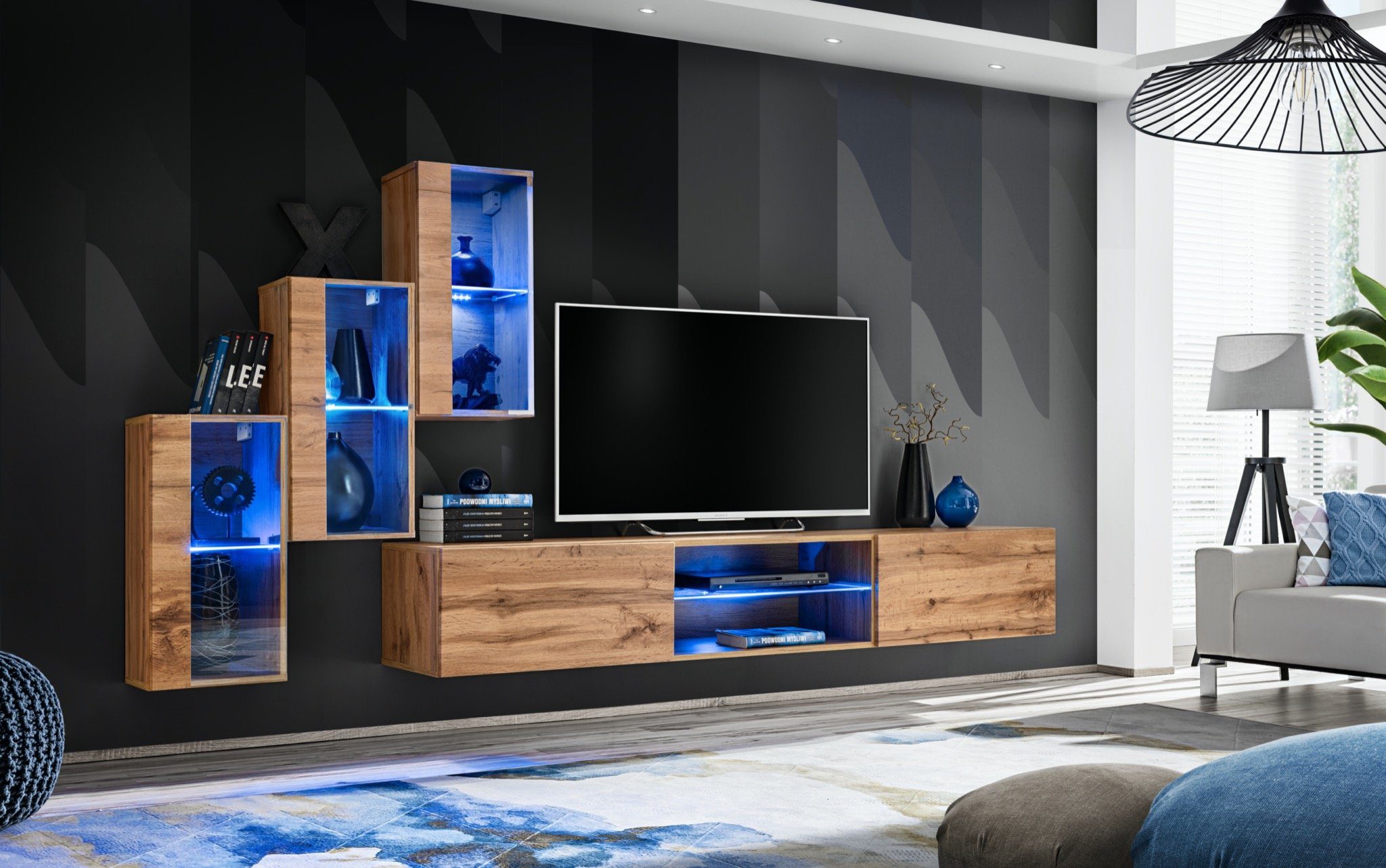 JVmoebel Wohnwand Modern Wohnwand 3x Vitrine beleuchtet 4tlg TV Ständer 3x Ständer LED Hänge Designer (4-St., Vitrine), TV + Hänge Einrichtung