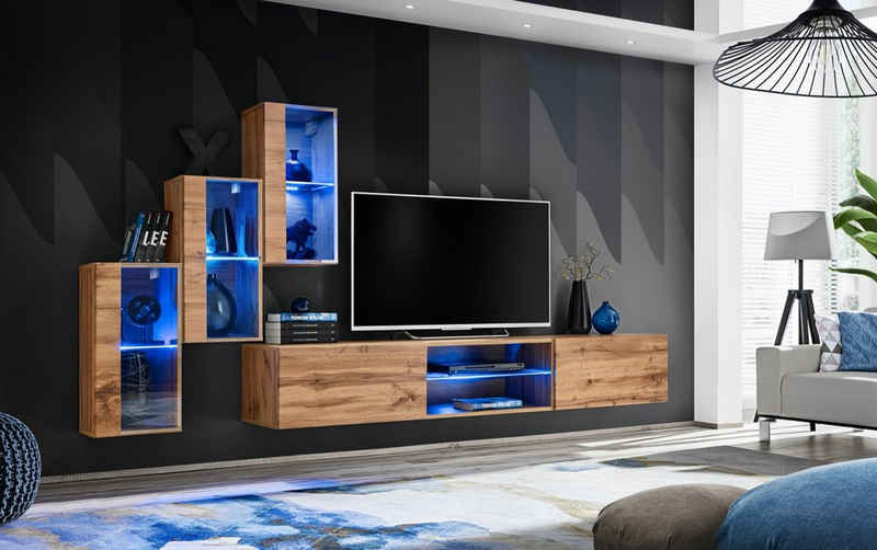 JVmoebel Wohnwand Modern Wohnwand Designer 4tlg TV Ständer 3x Hänge Vitrine Einrichtung, (4-St., TV Ständer + 3x Hänge Vitrine), LED beleuchtet