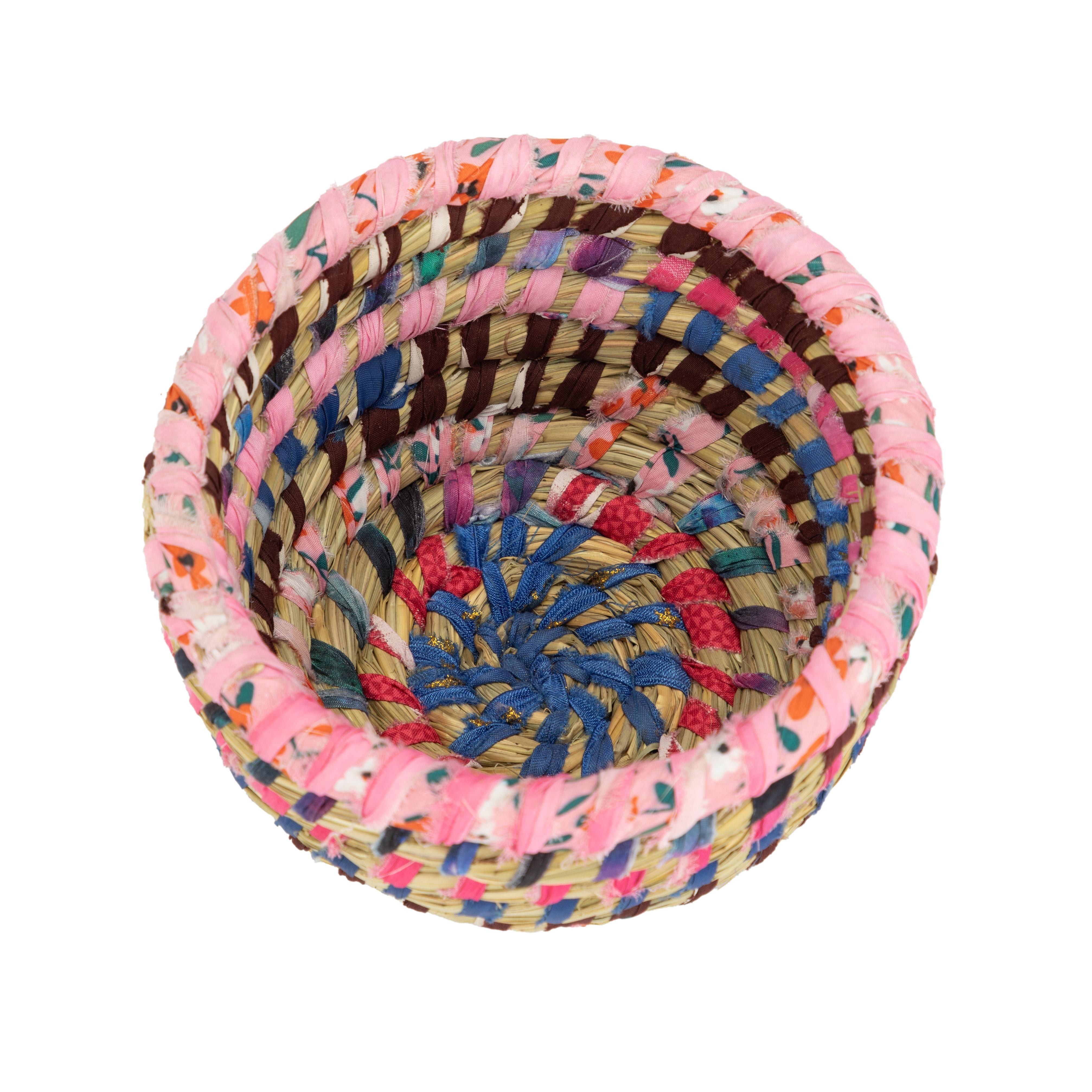 El Puente Schale "Pastell" Korbschale aus Kaisa-Gras und Sari-Stoff, Handmade, Gras / Blatt/Textil, Handmade