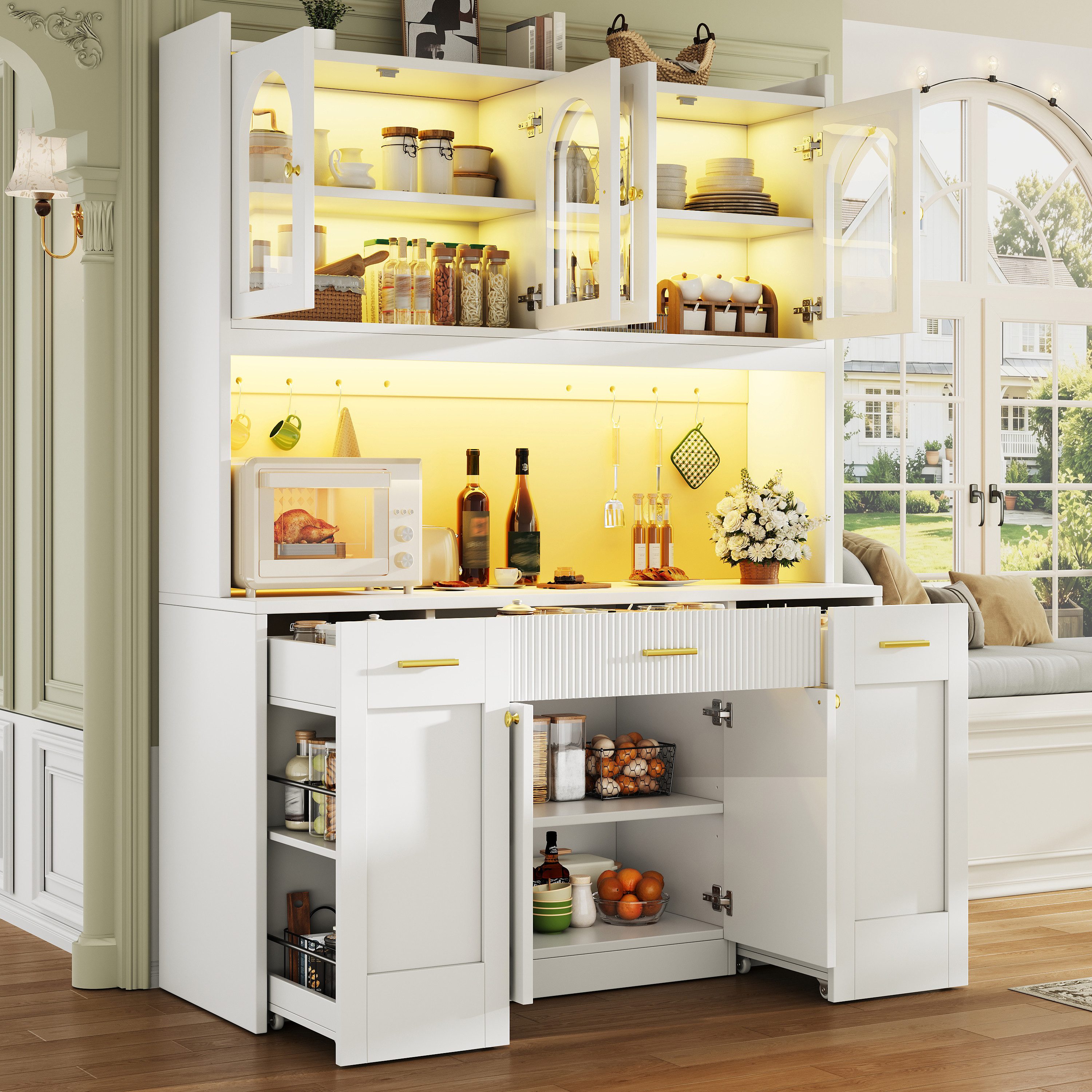 Flieks Küchenbuffet Hochschrankmit LED-Beleuchtung, 4 Glastüren, beidseitigen Roll-Ablagen (B120/T40/H187 cm, 1-St) Küchenschrank Glasvitrinen mit verstellbarer – Bild 3 von 5