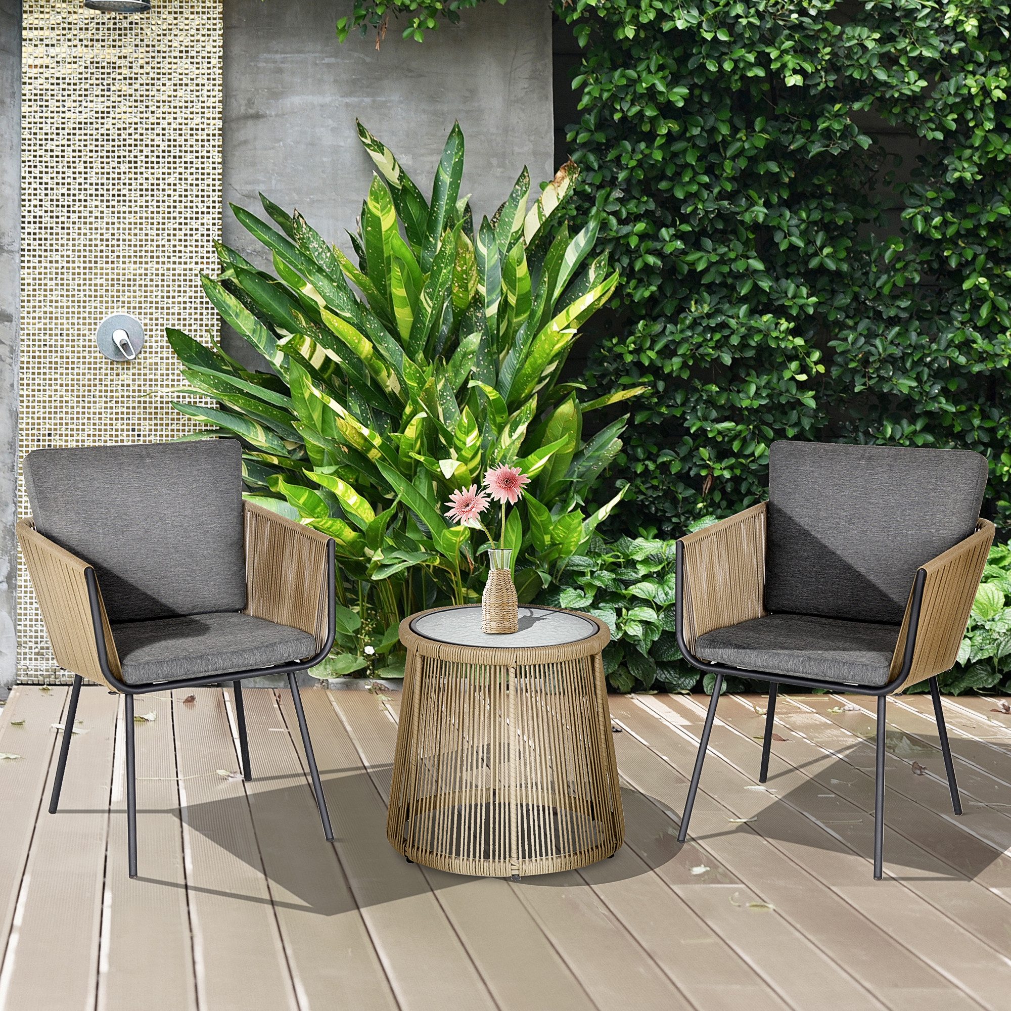 Outsunny Gartenlounge-Set Polyrattan Outdoor 2 Personen mit 2 Stühle,Tisch Sitzkissen, (Sitzgruppe, 3-tlg., Gartengarnitur), für Balkon, Stahl, Grau