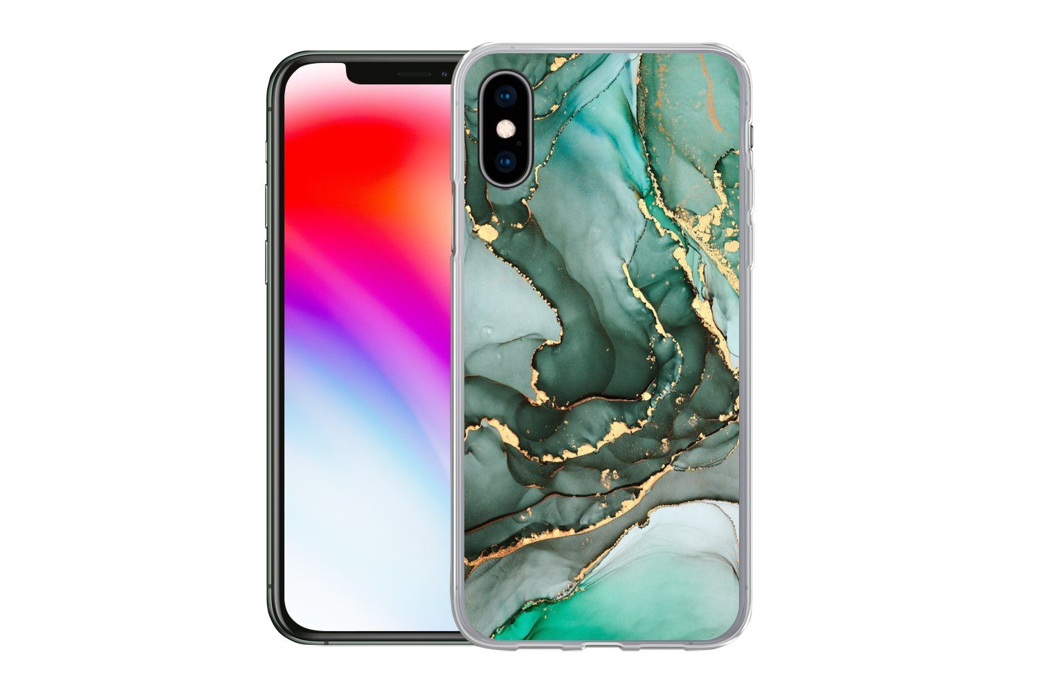 MuchoWow Handyhülle für Apple iPhone X Gold - Marmor - Grün - Luxus - Marmoroptik - Grau, Smartphone-Bumper, Print, Handy Schutzhülle Dünn