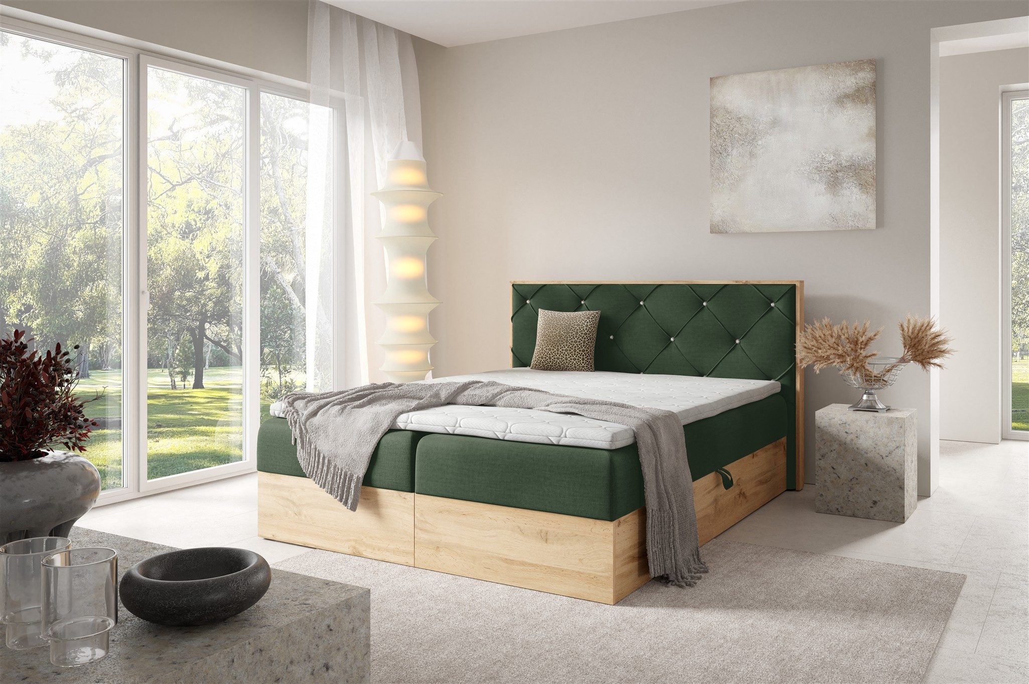 Fun Möbel Boxbett Bett Schlafzimmerbett HELIOS PREMIUM in Stoff Rouge (mit Taschenfederkernmatratze, mit Bettkästen), Strasssteine im Kopfteil