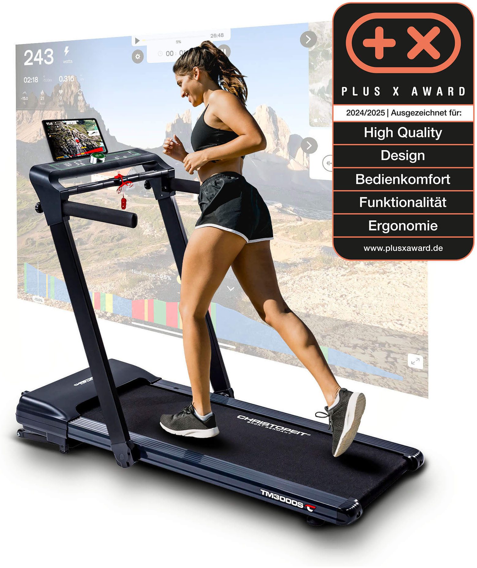 Christopeit Sport® Laufband TM 3000S (Bluetooth-Funktion, integrierte Transportrollen und Tablethalterung), bis max. 16 km/h, klappbar, 120 kg max. Benutzergewicht