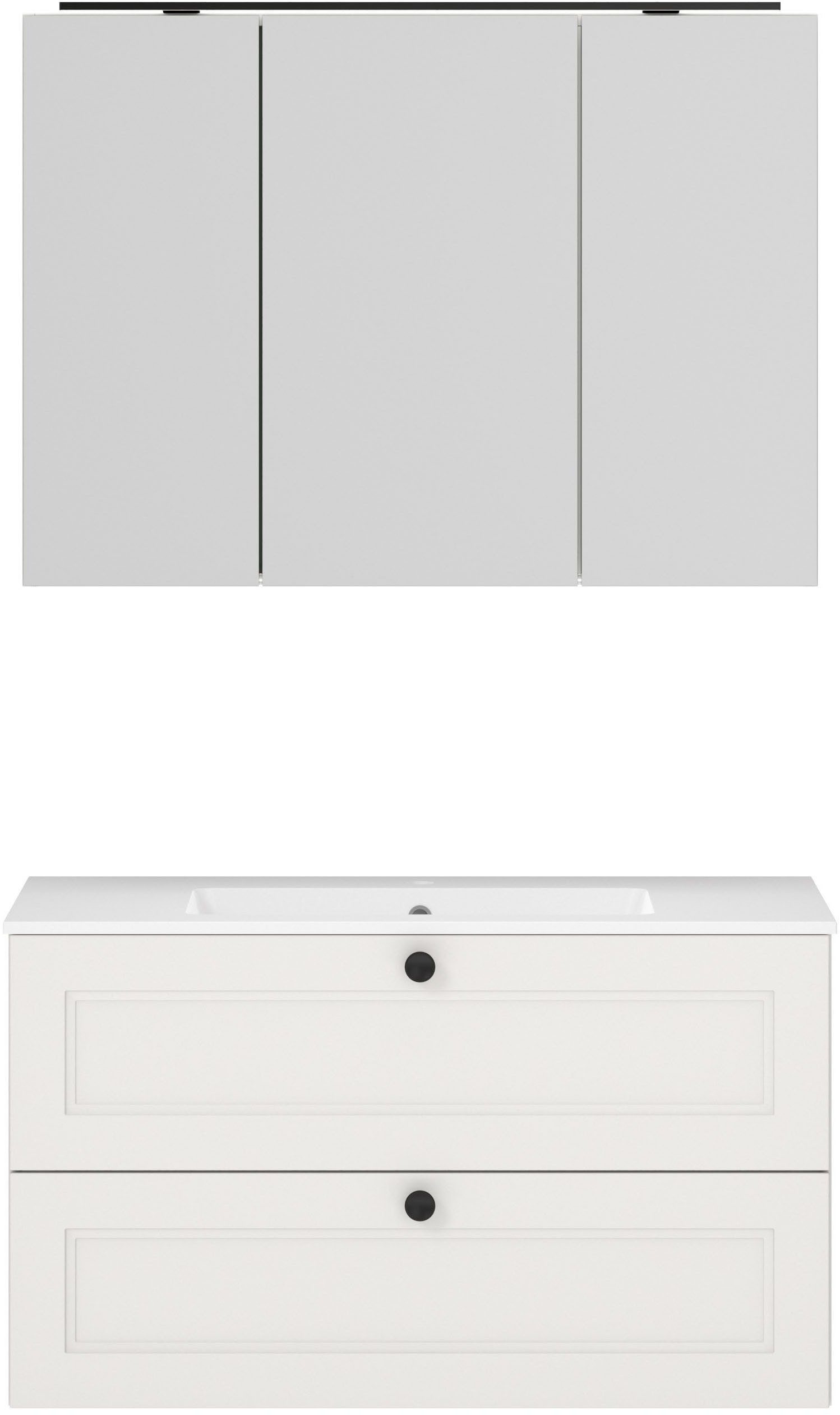 nobilia® Badmöbel-Set Cascada, (Set, 2-St., mit Waschbecken, inkl. Spiegelschrank mit Beleuchtung), vormontiert, mit Soft-Close, in vier Breiten